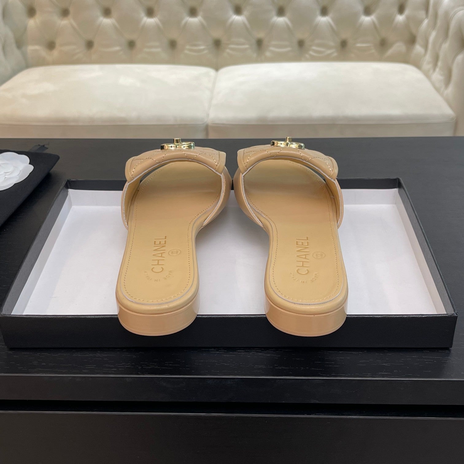 CHANEL FLAT MULE IN TUSCAN BEIGE LAMBSKIN