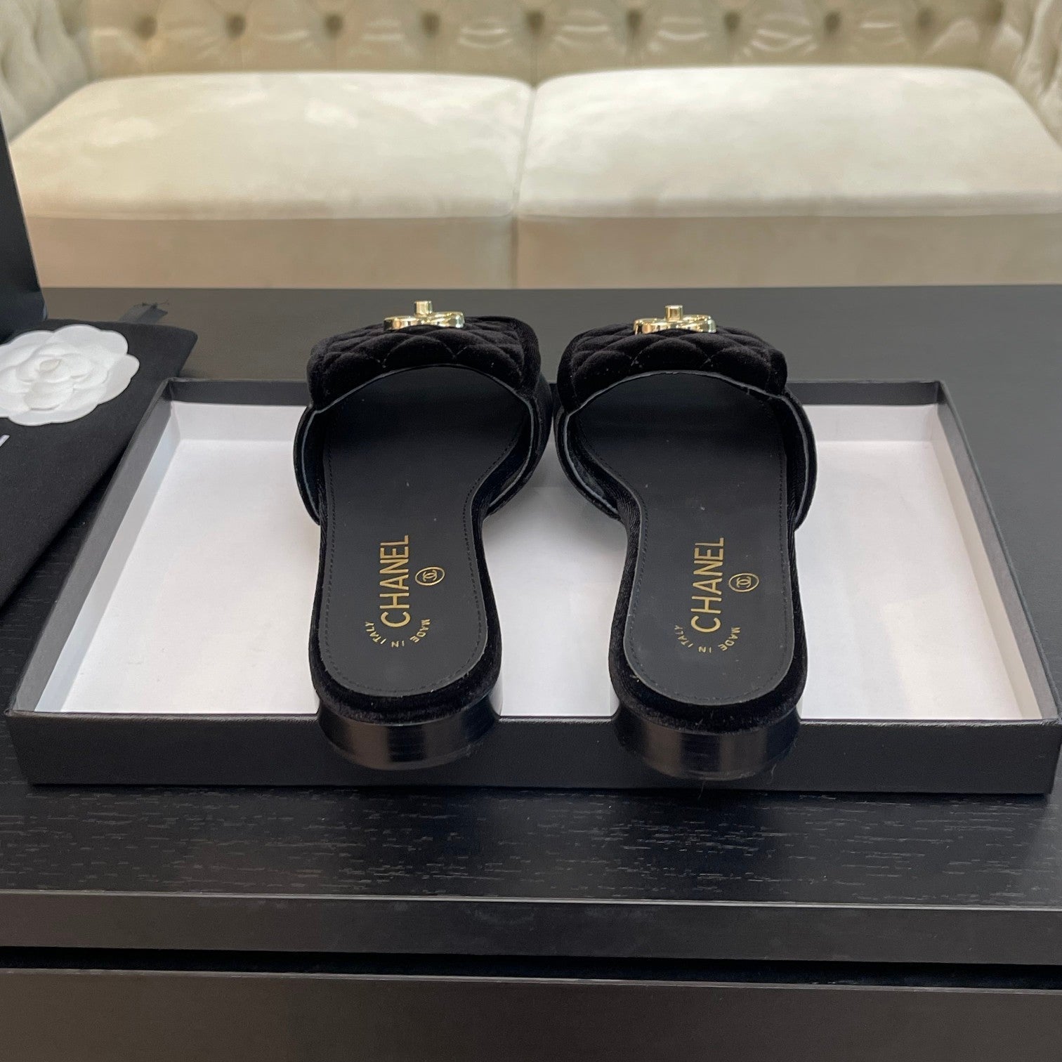 CHANEL FLAT MULE IN BLACK VELVET