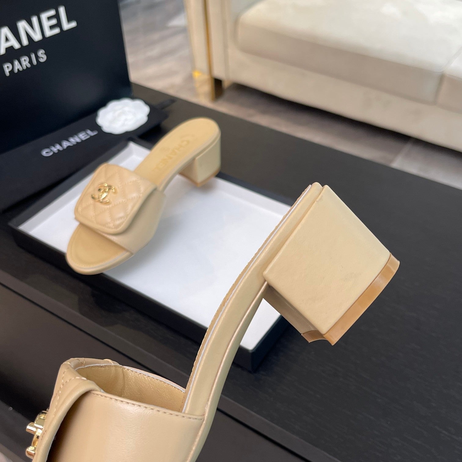 CHANEL MID-HEEL 5 CM MULE IN TUSCAN BEIGE LAMBSKIN