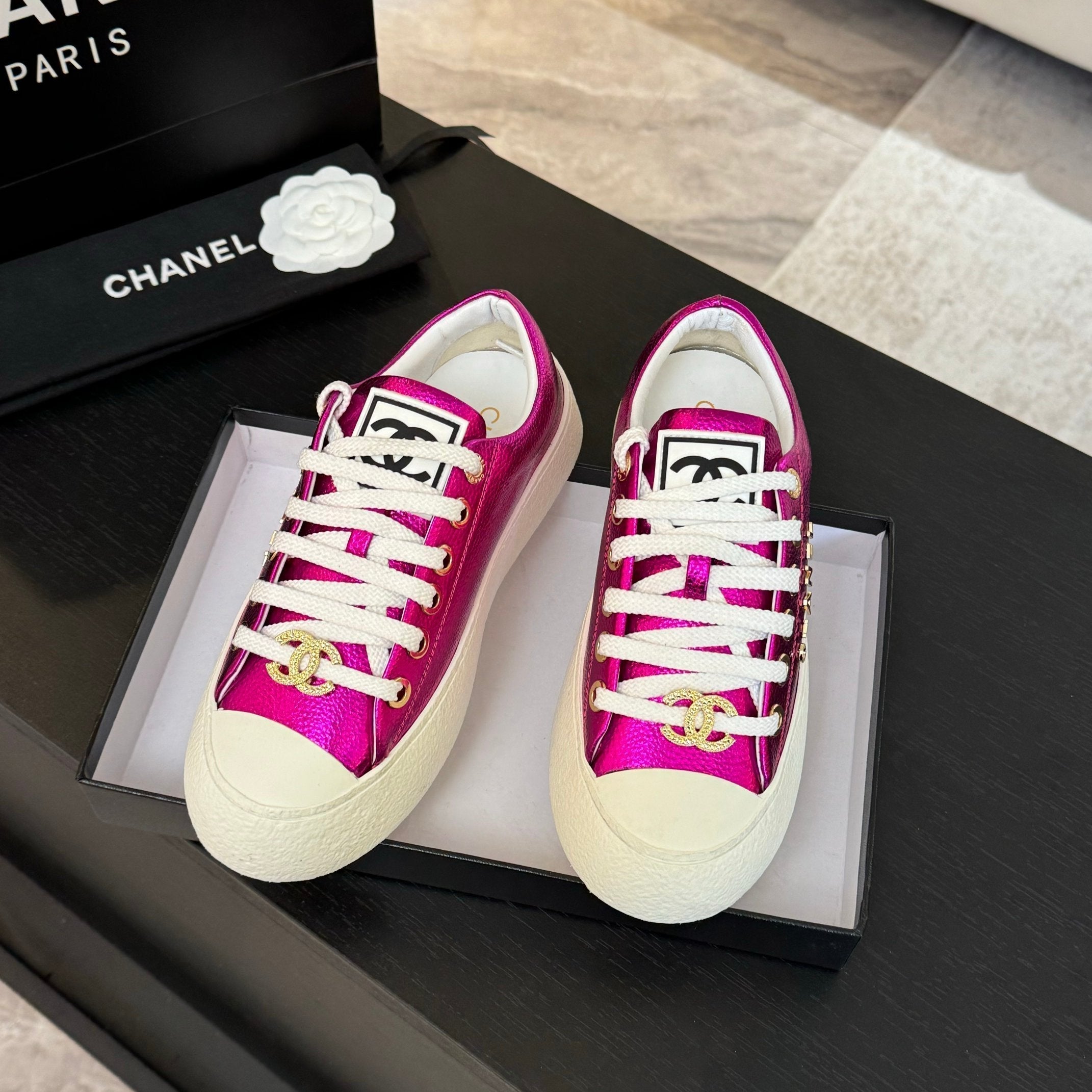 CHANEL BIG-HEAD COOKIE SHOES IN MAGENTA PURPLE LAMBSKIN