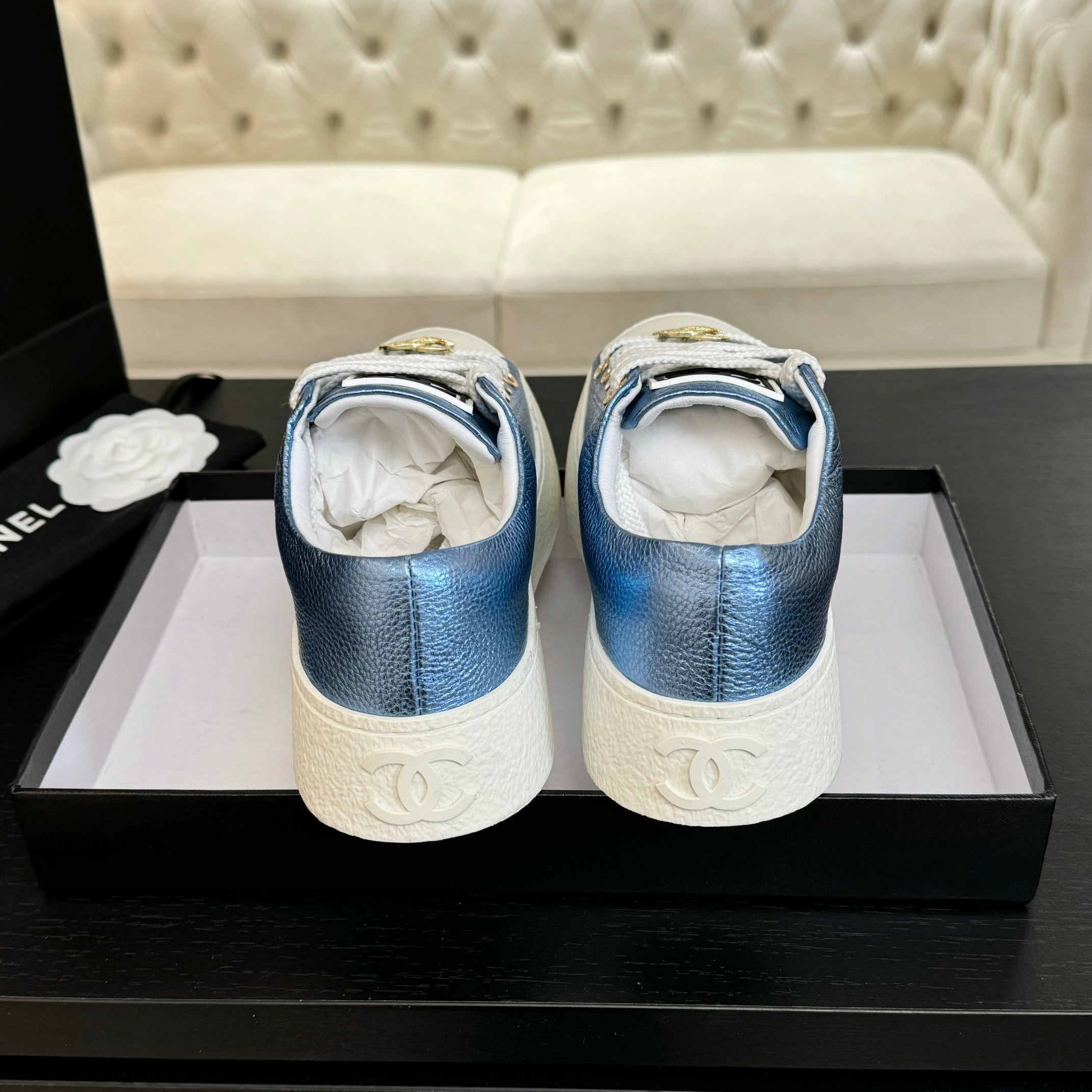 CHANEL BIG-HEAD COOKIE SHOES IN TEAL BLUE MIX WHITE LAMBSKIN