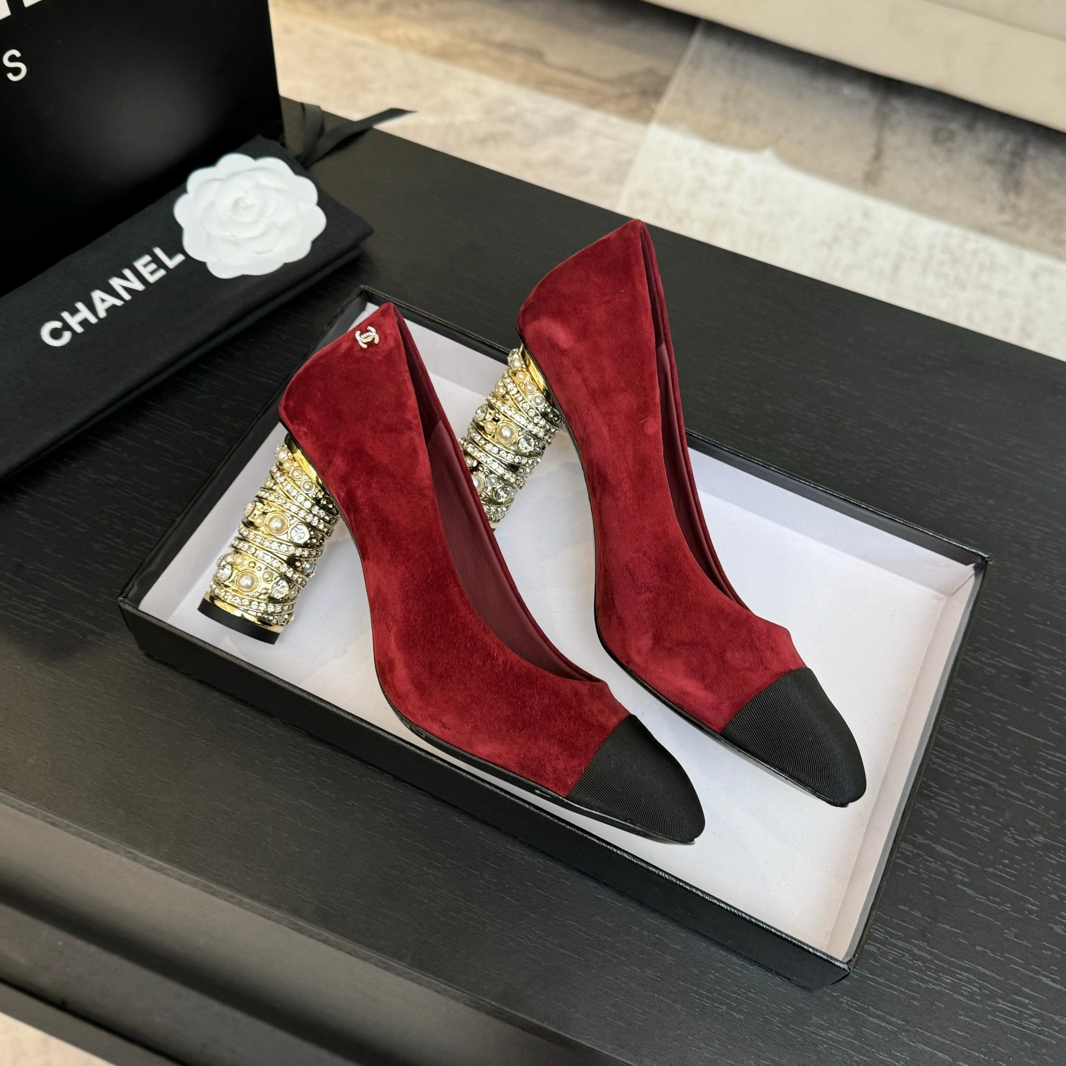 CHANEL HIGH HEEL 85 MM SANDALS IN RUBY RED SUEDE AND BLACK FABRIC