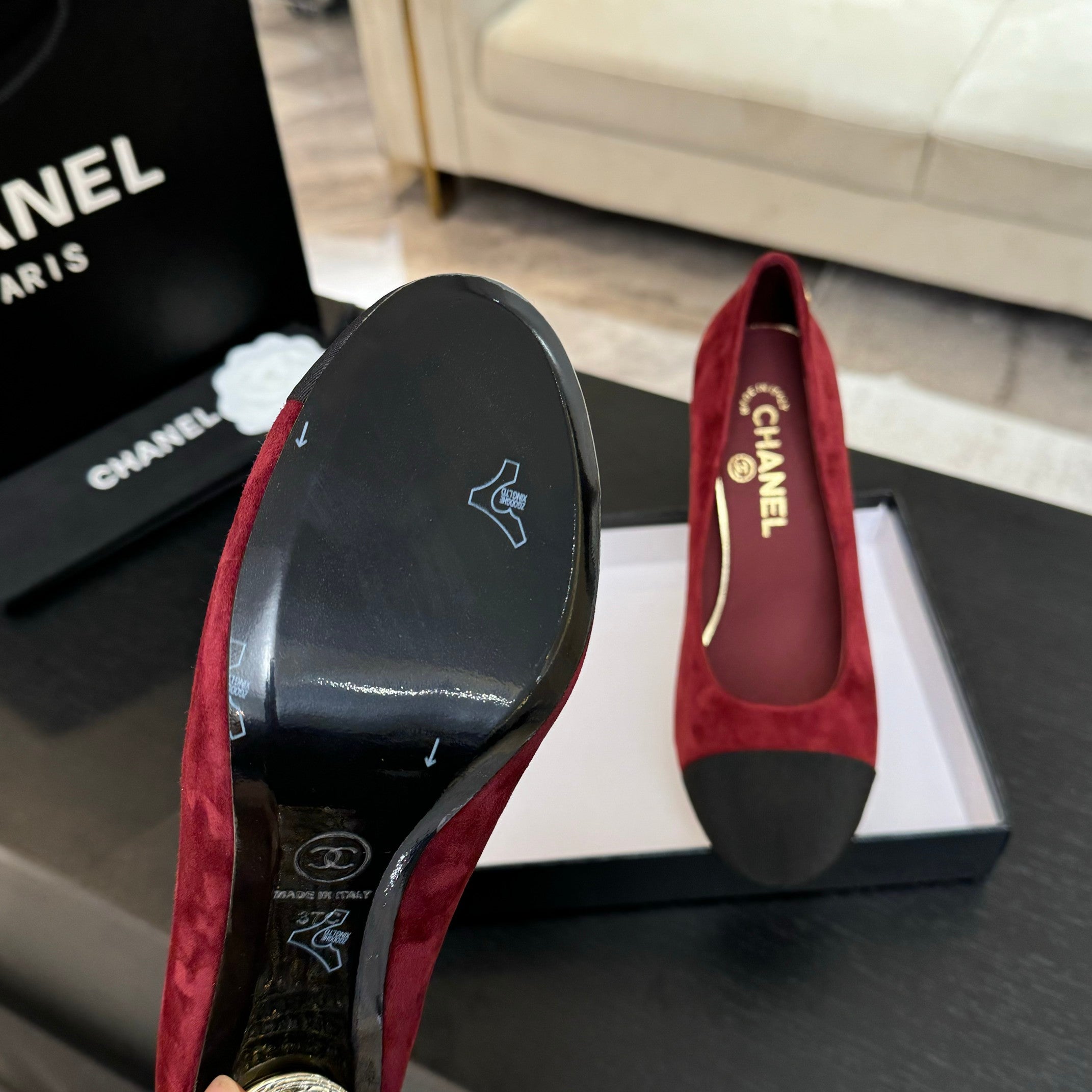 CHANEL HIGH HEEL 85 MM SANDALS IN RUBY RED SUEDE AND BLACK FABRIC