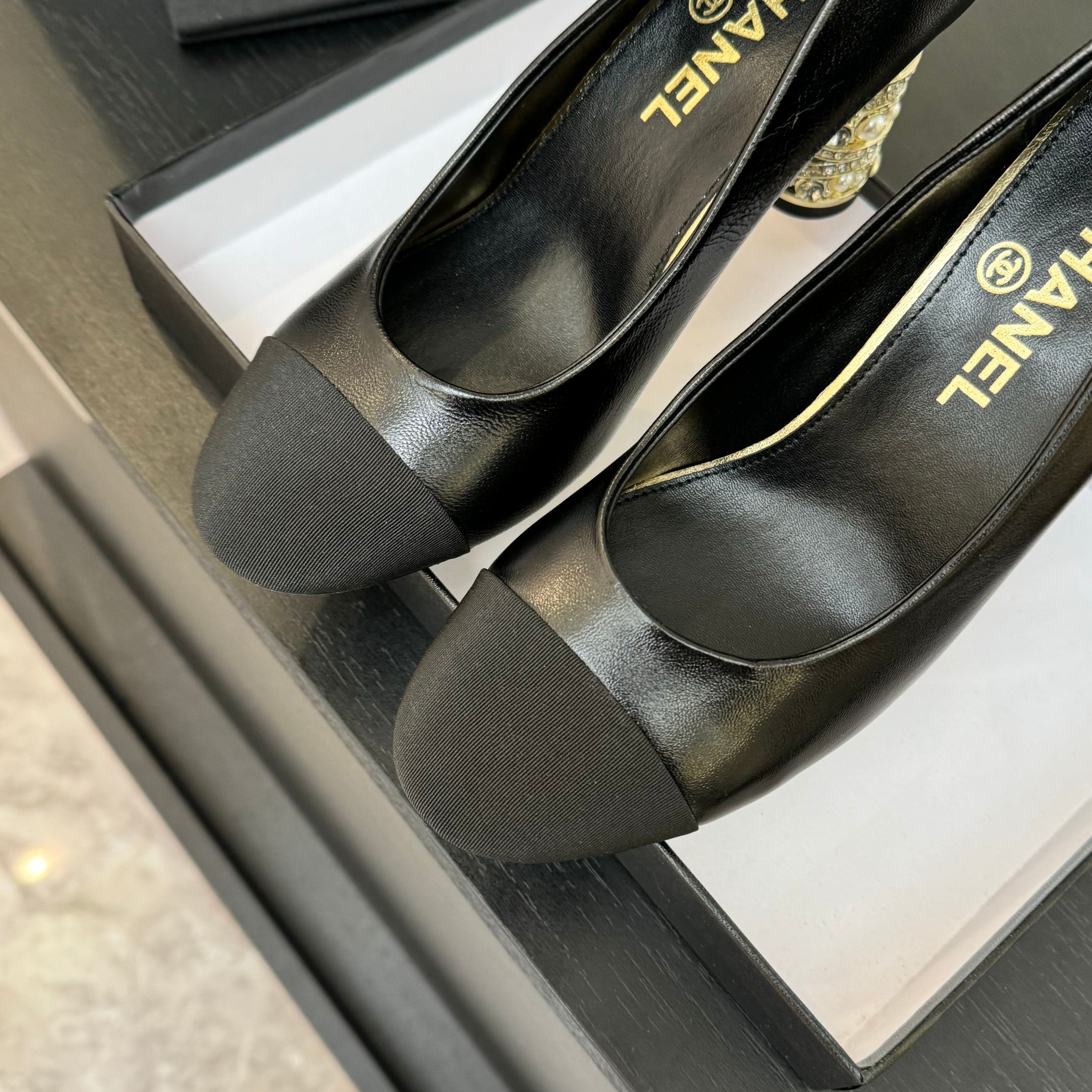 CHANEL HIGH HEEL 85 MM SANDALS IN BLACK CALFSKIN AND FABRIC