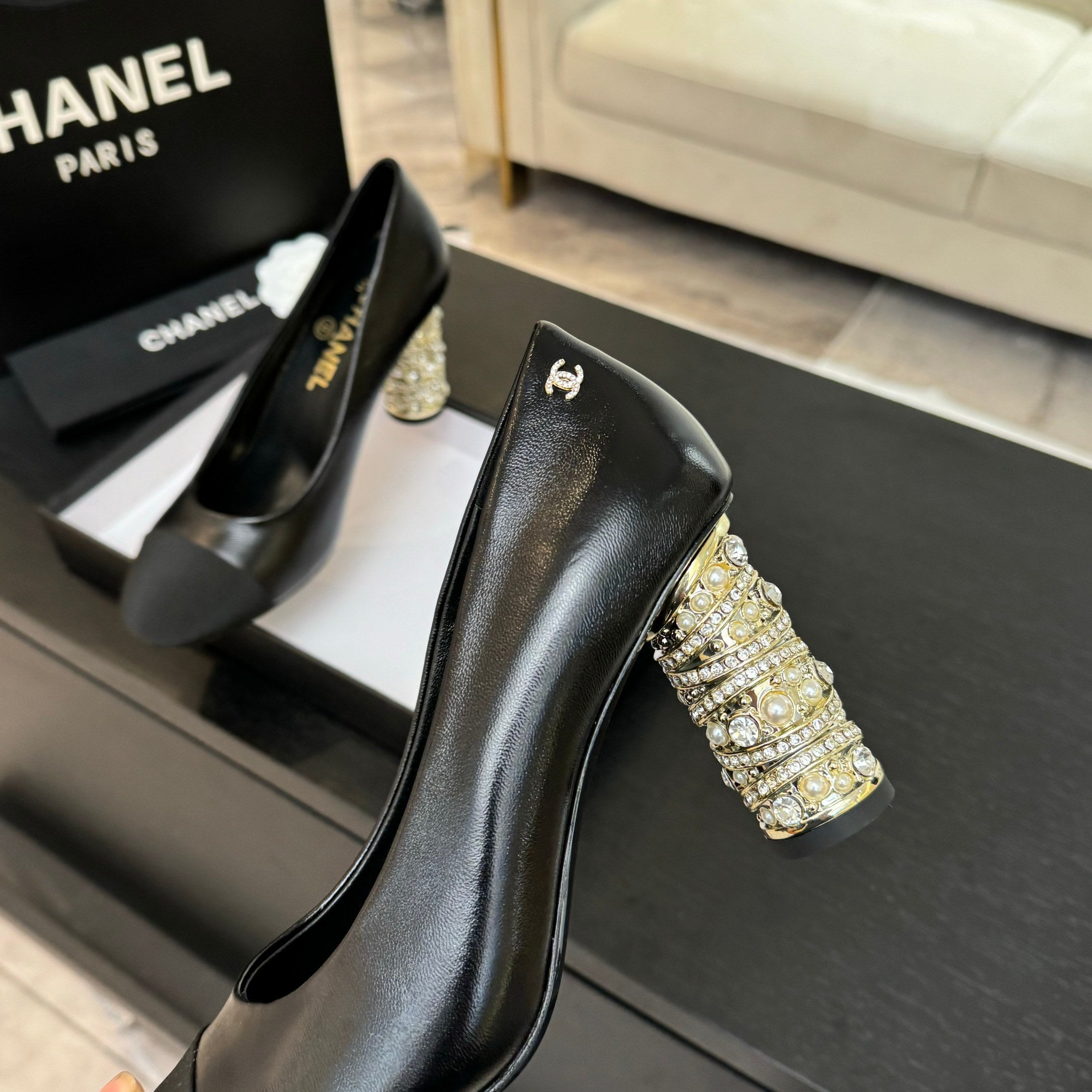 CHANEL HIGH HEEL 85 MM SANDALS IN BLACK CALFSKIN AND FABRIC