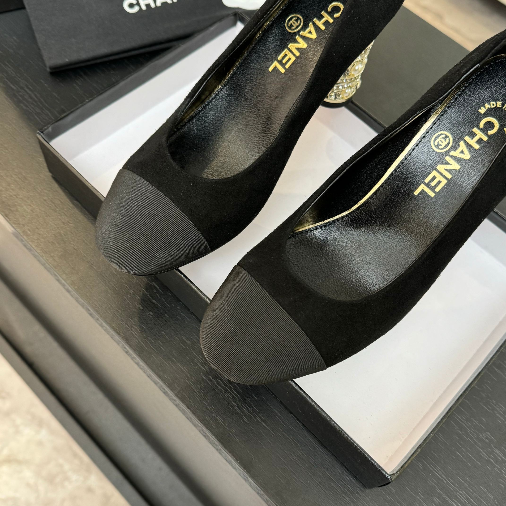 CHANEL HIGH HEEL 85 MM SANDALS IN BLACK SUEDE AND FABRIC