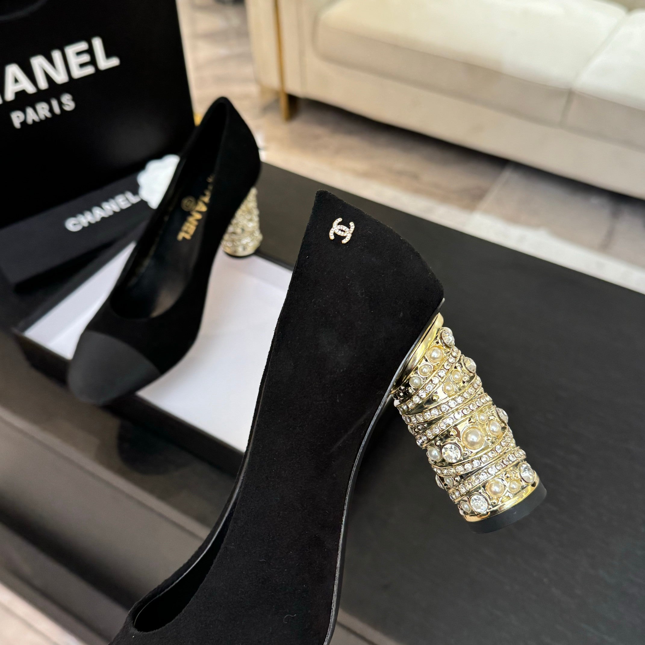 CHANEL HIGH HEEL 85 MM SANDALS IN BLACK SUEDE AND FABRIC
