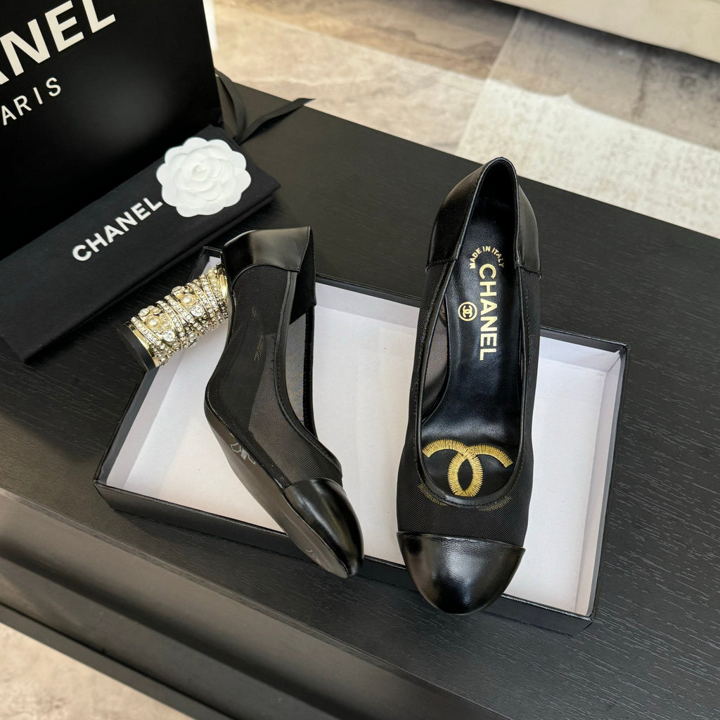 CHANEL HIGH HEEL 85 MM SANDALS IN BLACK CALFSKIN AND MESH