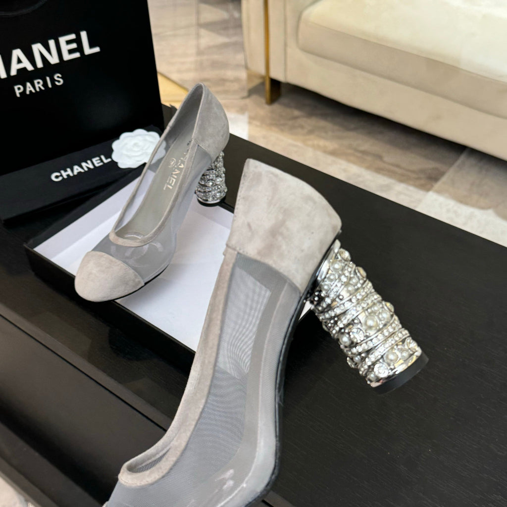 CHANEL HIGH HEEL 85 MM SANDALS IN PALE GRAY SUEDE AND MESH