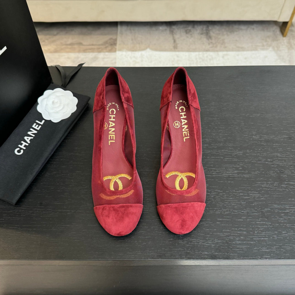 CHANEL HIGH HEEL 85 MM SANDALS IN CHERRY RED SUEDE AND MESH