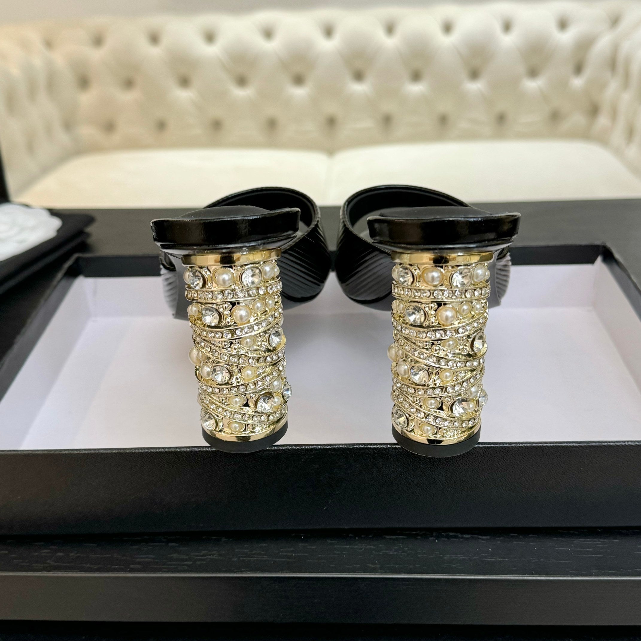 CHANEL T-STRAP PEARL HEEL 85 MM SANDALS IN BLACK LAMBSKIN MULE