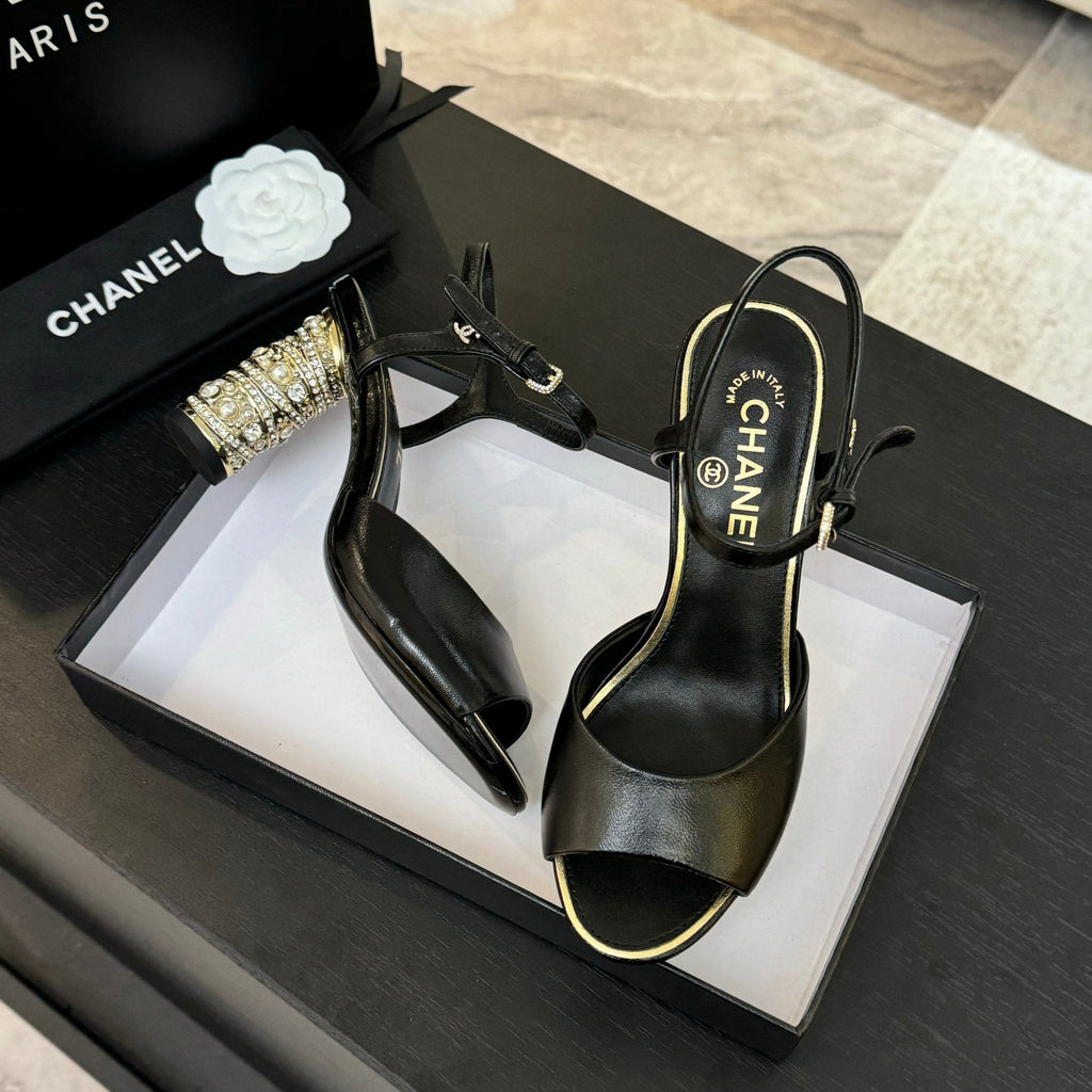 CHANEL T-STRAP PEARL HEEL 85 MM SANDALS IN BLACK LAMBSKIN
