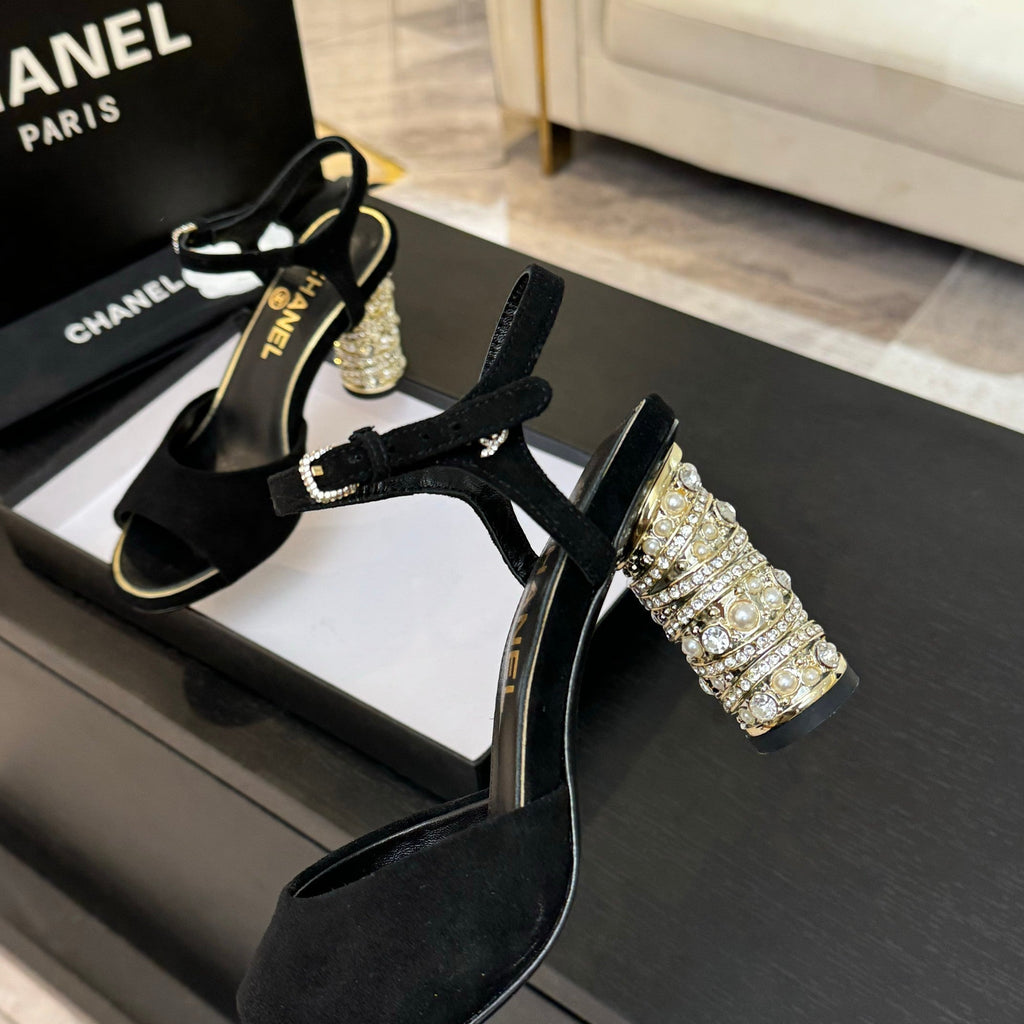 CHANEL T-STRAP PEARL HEEL 85 MM SANDALS IN BLACK SUEDE