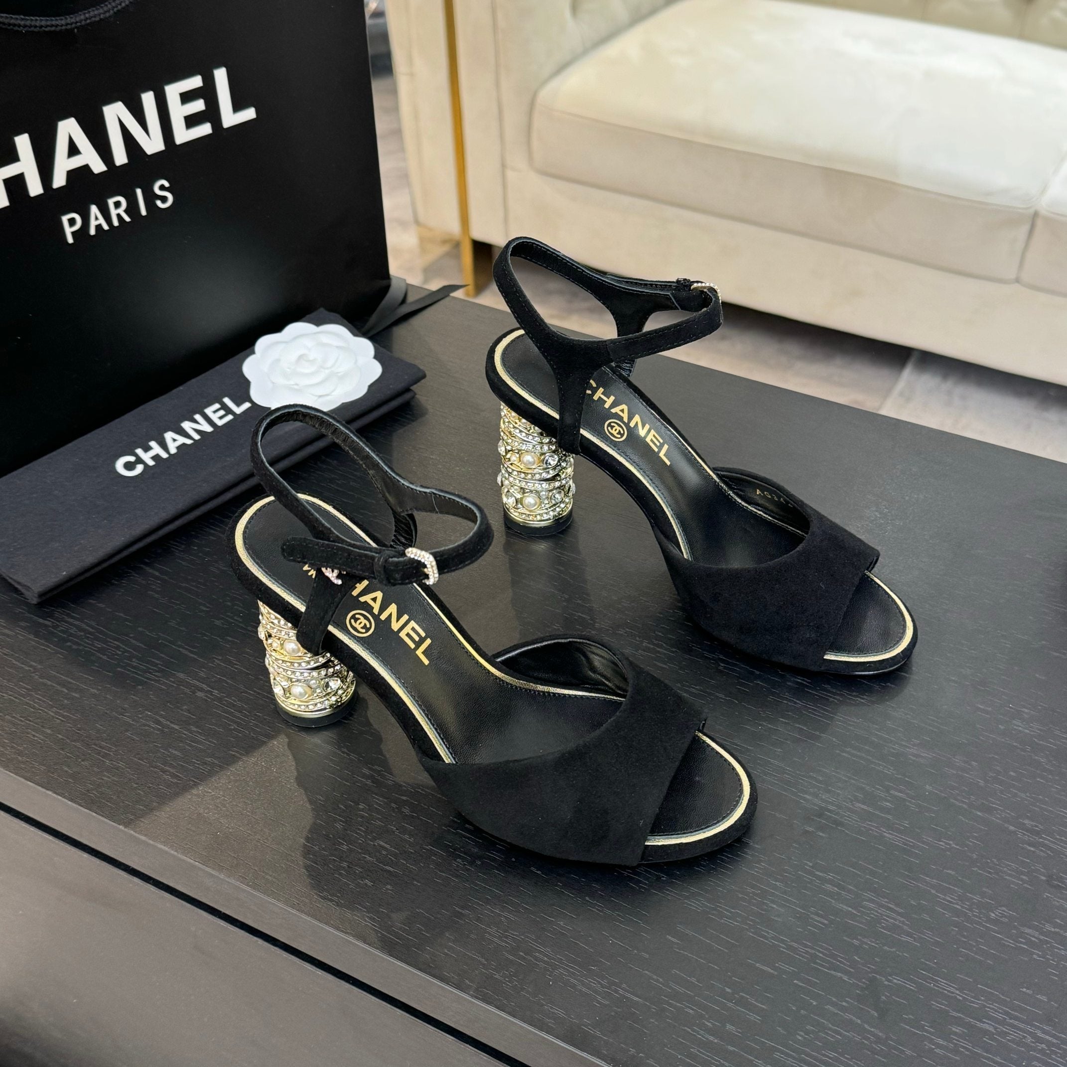 CHANEL T-STRAP PEARL HEEL 85 MM SANDALS IN BLACK SUEDE