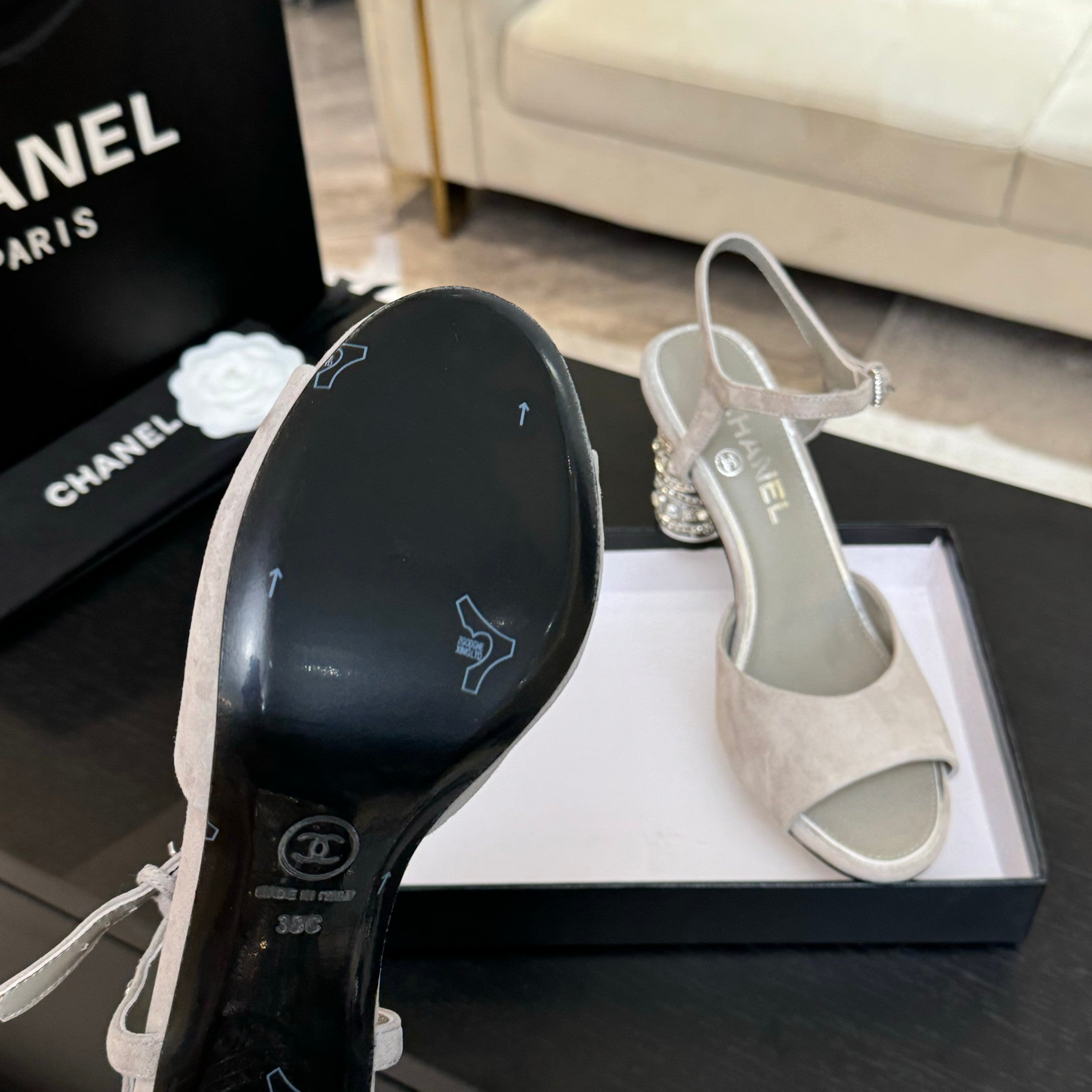 CHANEL T-STRAP PEARL HEEL 85 MM SANDALS IN PASTEL GRAY SUEDE