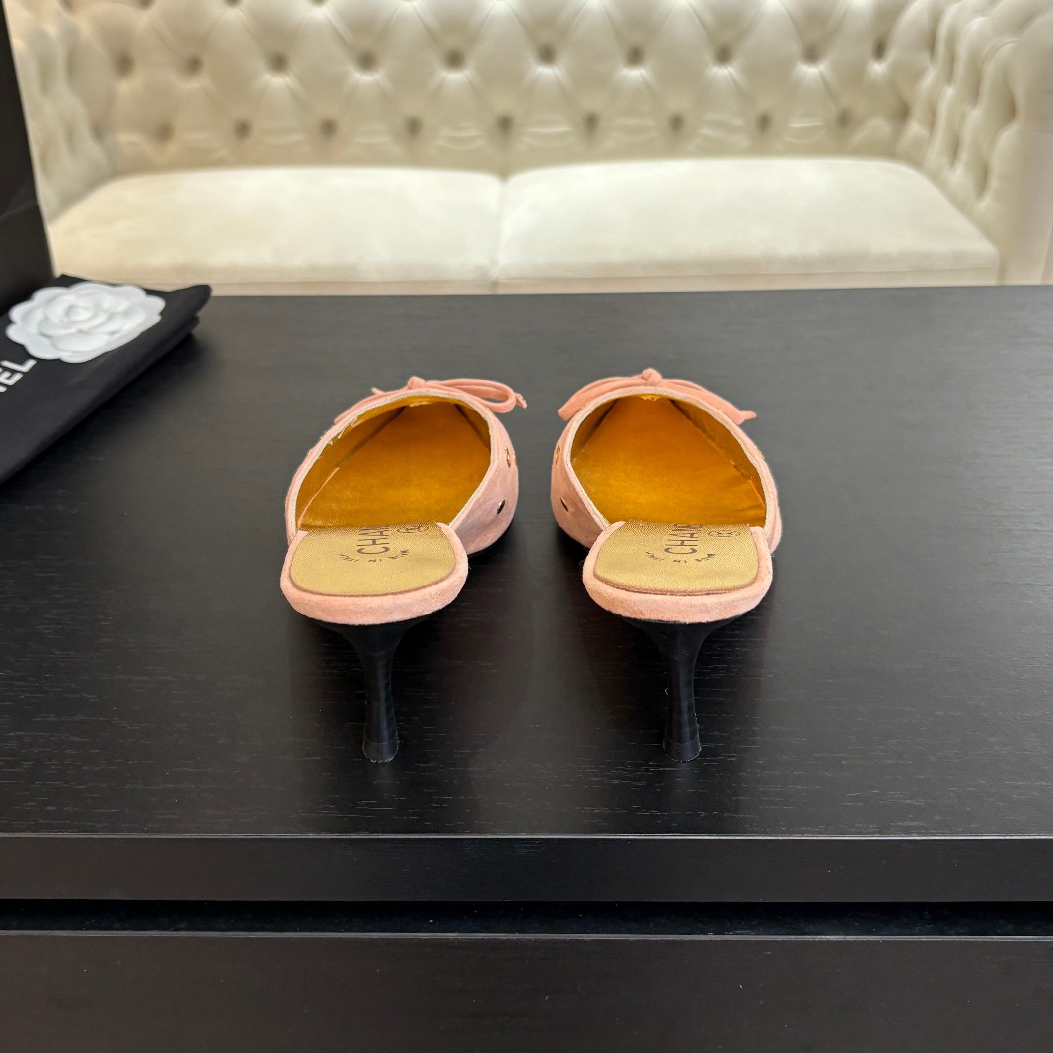CHANEL HIGH HEEL MULE 65 MM IN LIGHT PINK SUEDE
