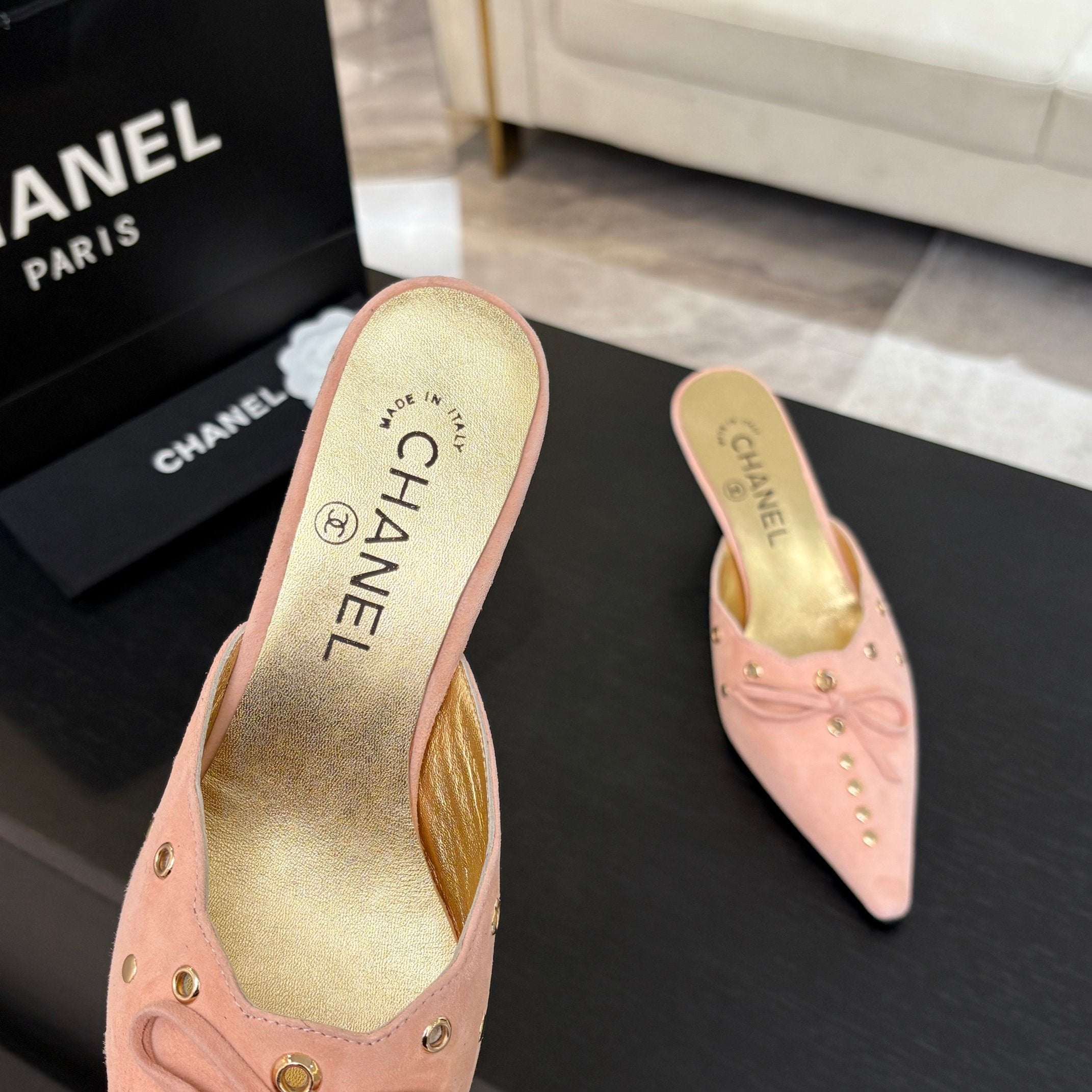 CHANEL HIGH HEEL MULE 65 MM IN LIGHT PINK SUEDE