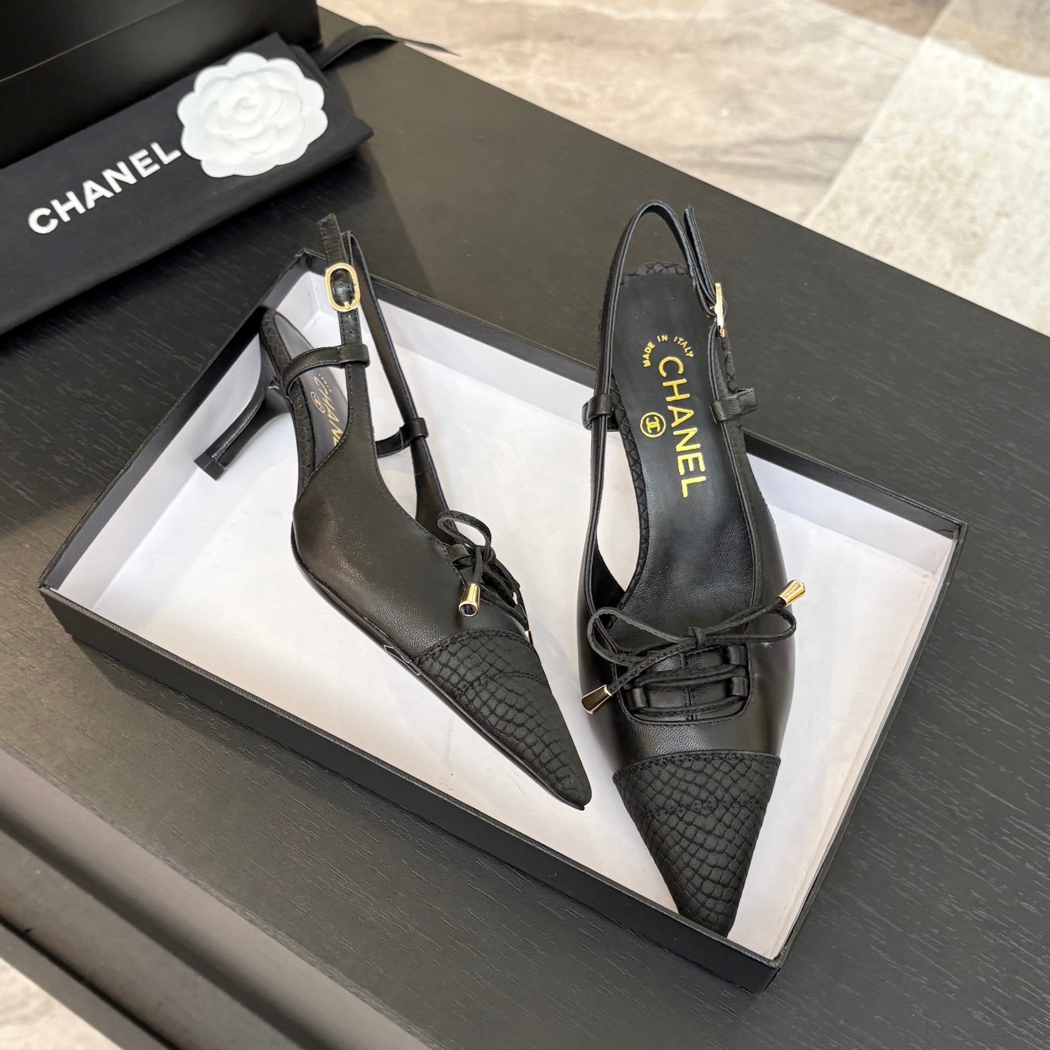 CHANEL HIGH HEEL SLINGBACKS 65 MM IN BLACK WITH SNAKESKIN PATTERN LAMBSKIN