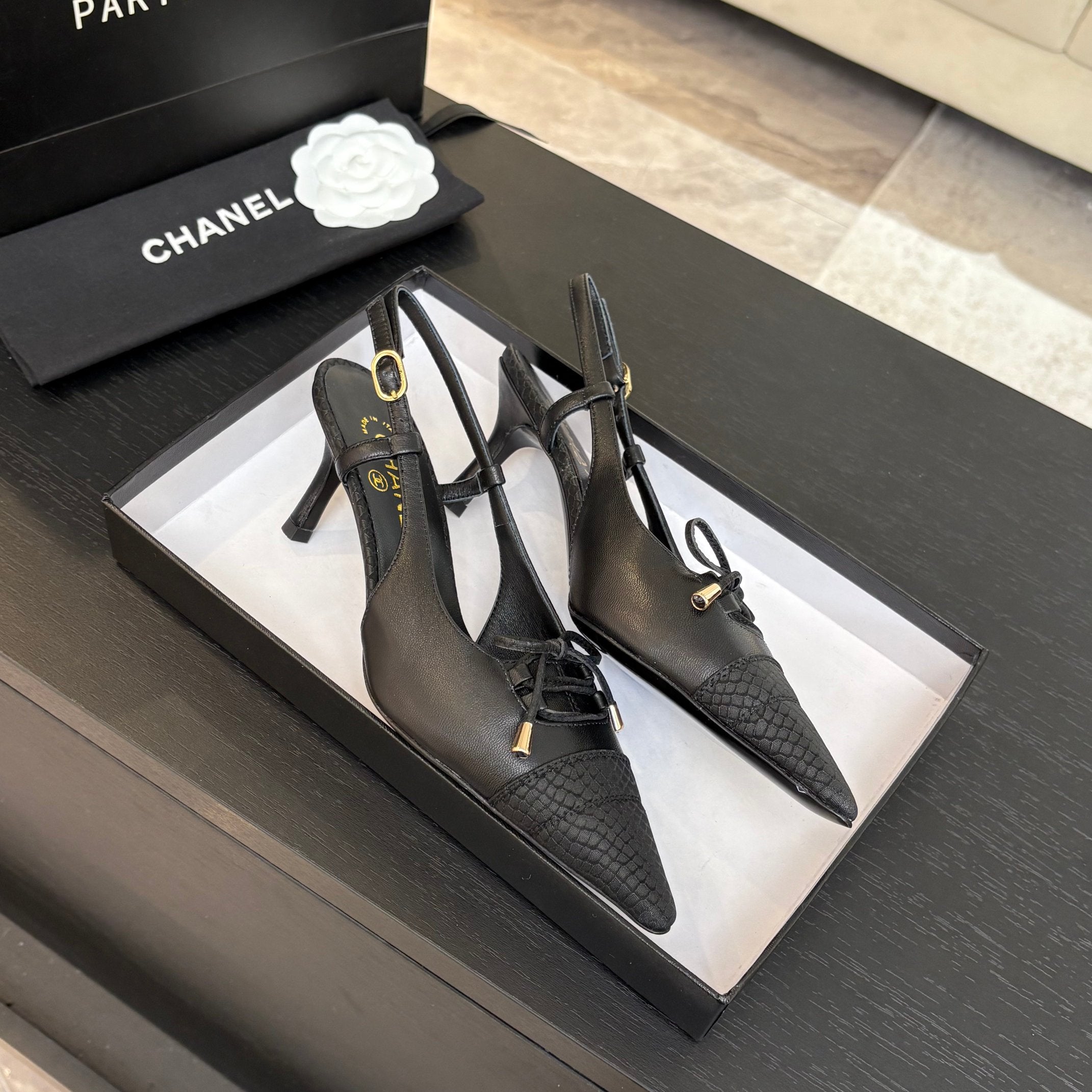 CHANEL HIGH HEEL SLINGBACKS 65 MM IN BLACK WITH SNAKESKIN PATTERN LAMBSKIN