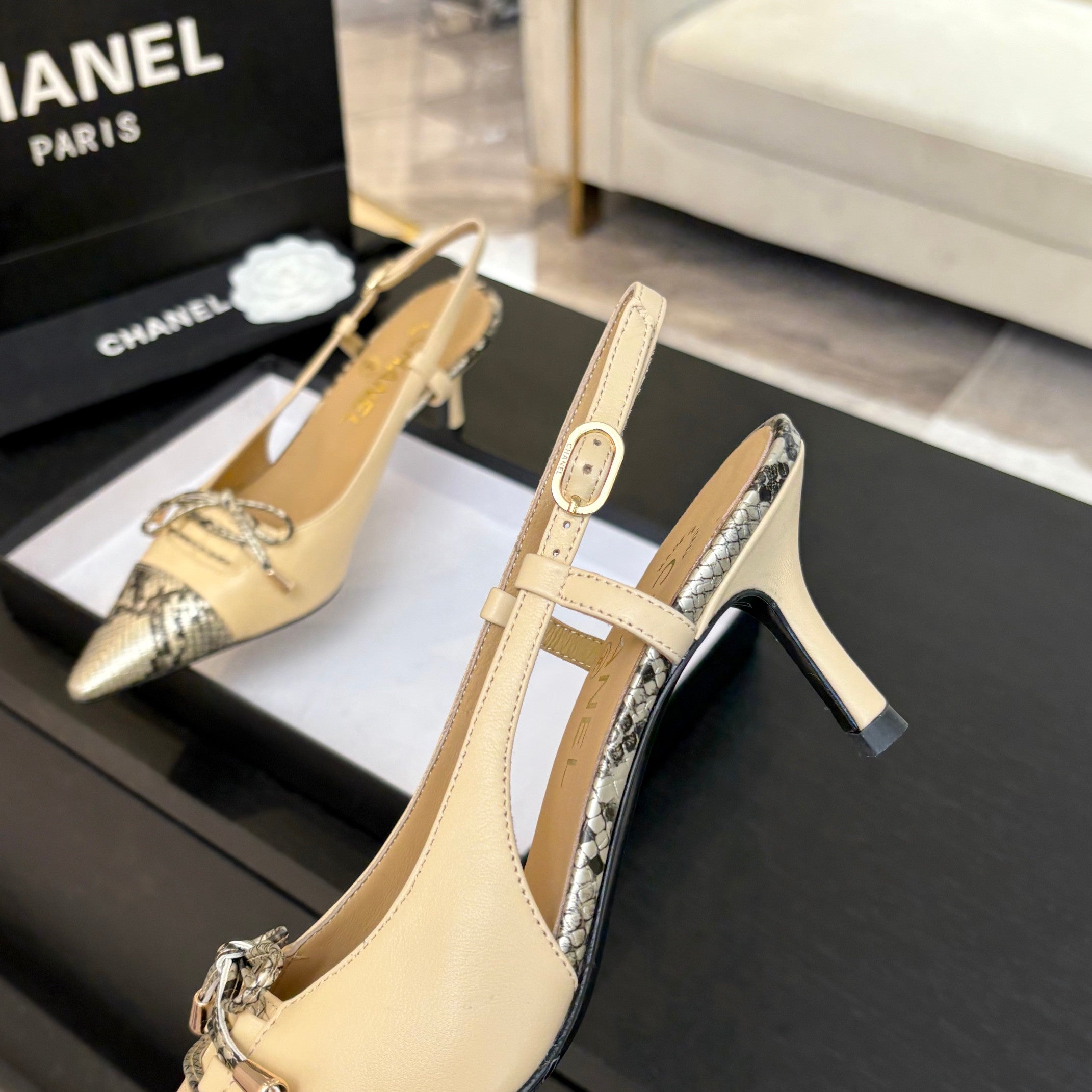 CHANEL HIGH HEEL SLINGBACKS 65 MM IN FLAX YELLOW WITH SNAKESKIN PATTERN LAMBSKIN