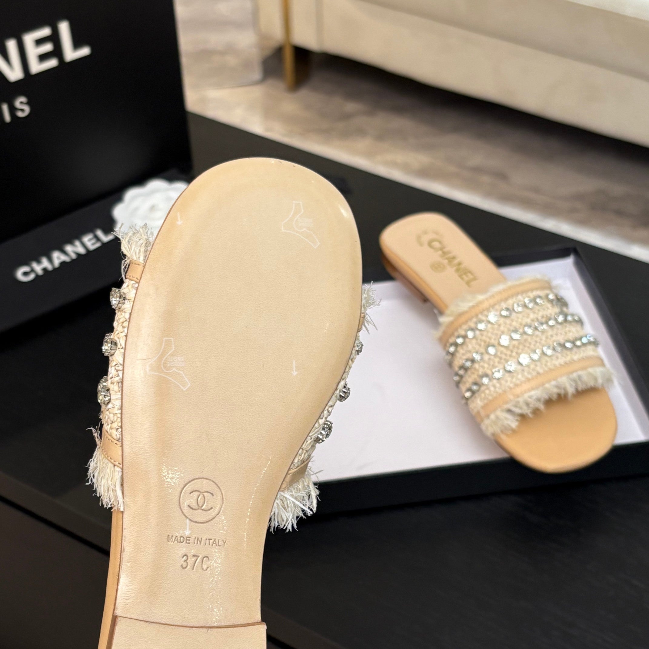 CHANEL FLAT SANDALS BEIGE MIX LIGHT ORANGE WITH CRYSTALS