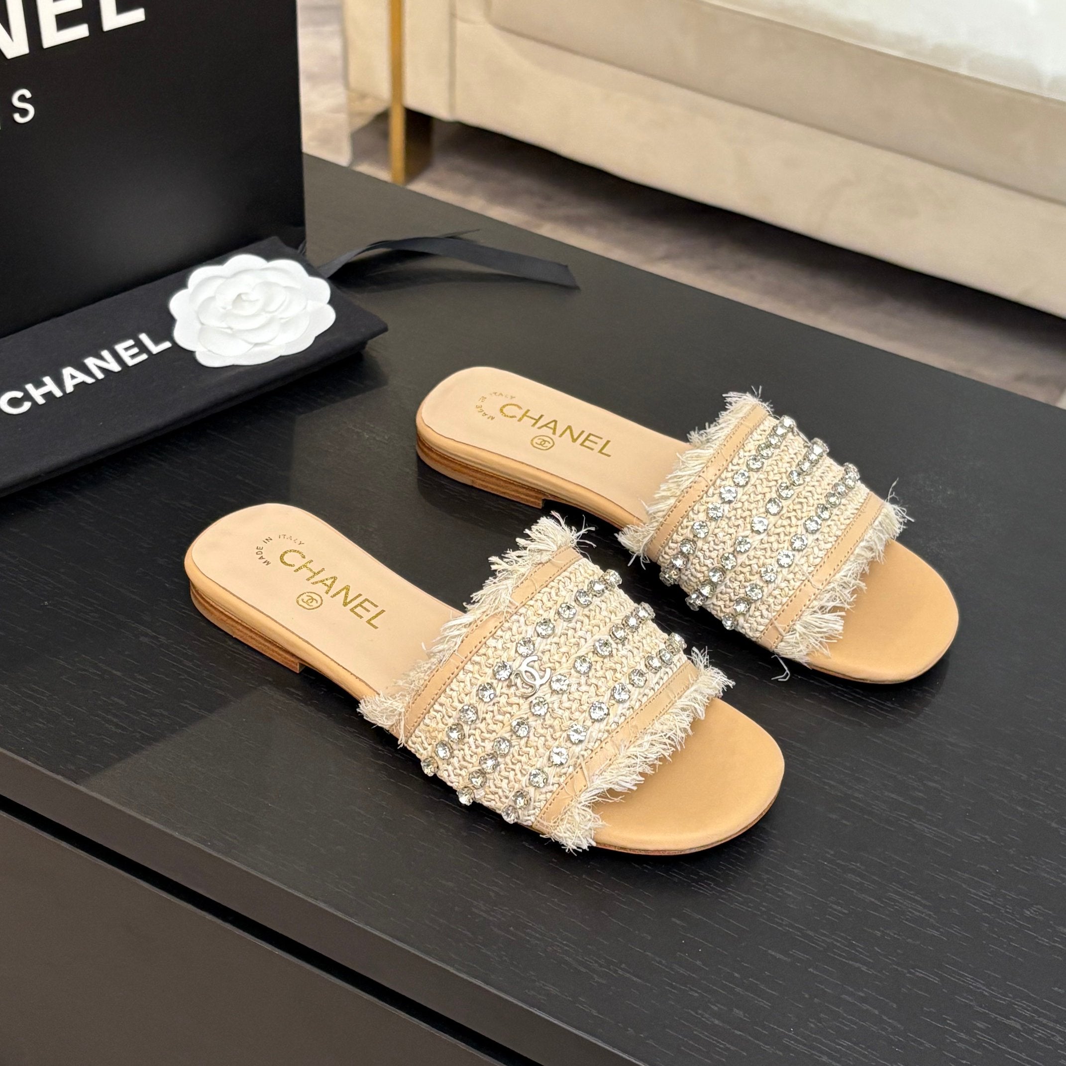 CHANEL FLAT SANDALS BEIGE MIX LIGHT ORANGE WITH CRYSTALS