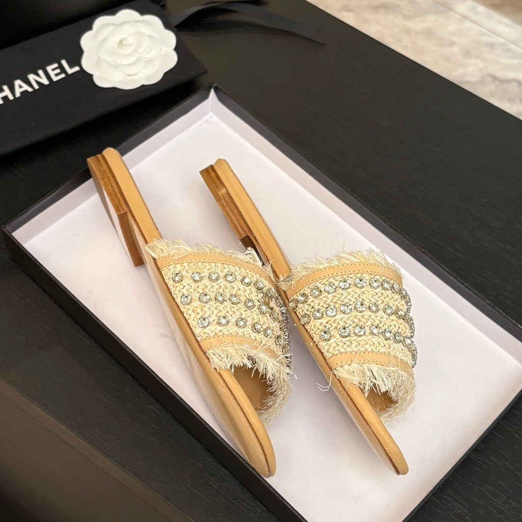 CHANEL FLAT SANDALS BEIGE MIX LIGHT ORANGE WITH CRYSTALS