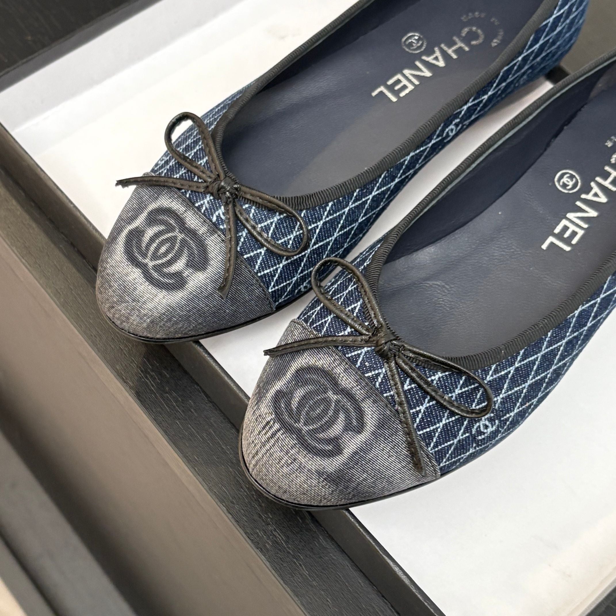 CHANEL BALLET FLATS IN AEGEAN BLUE MONOGRAM DENIM