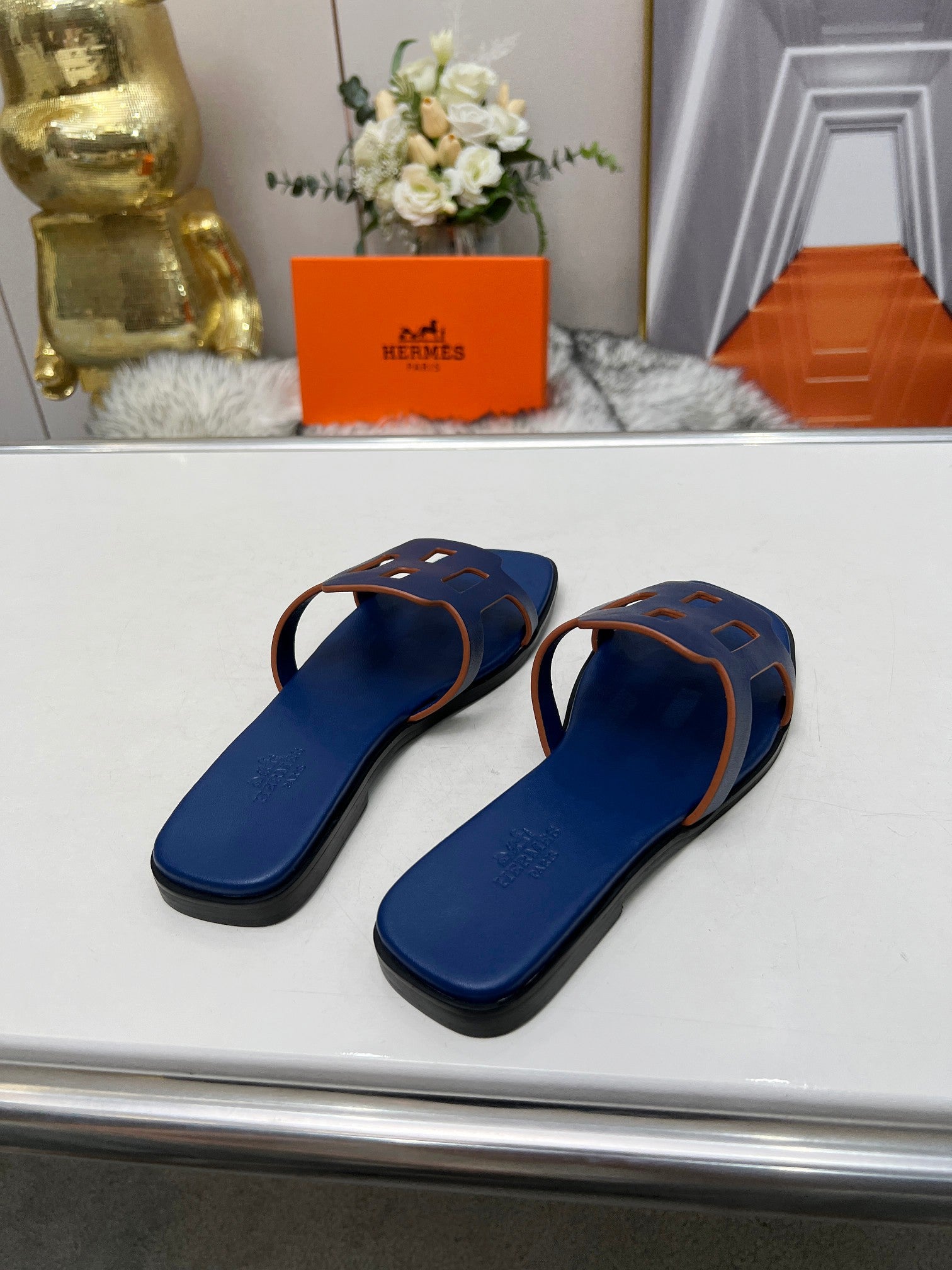 HERMES FLATFORM SANDAL NAVY CALFSKIN