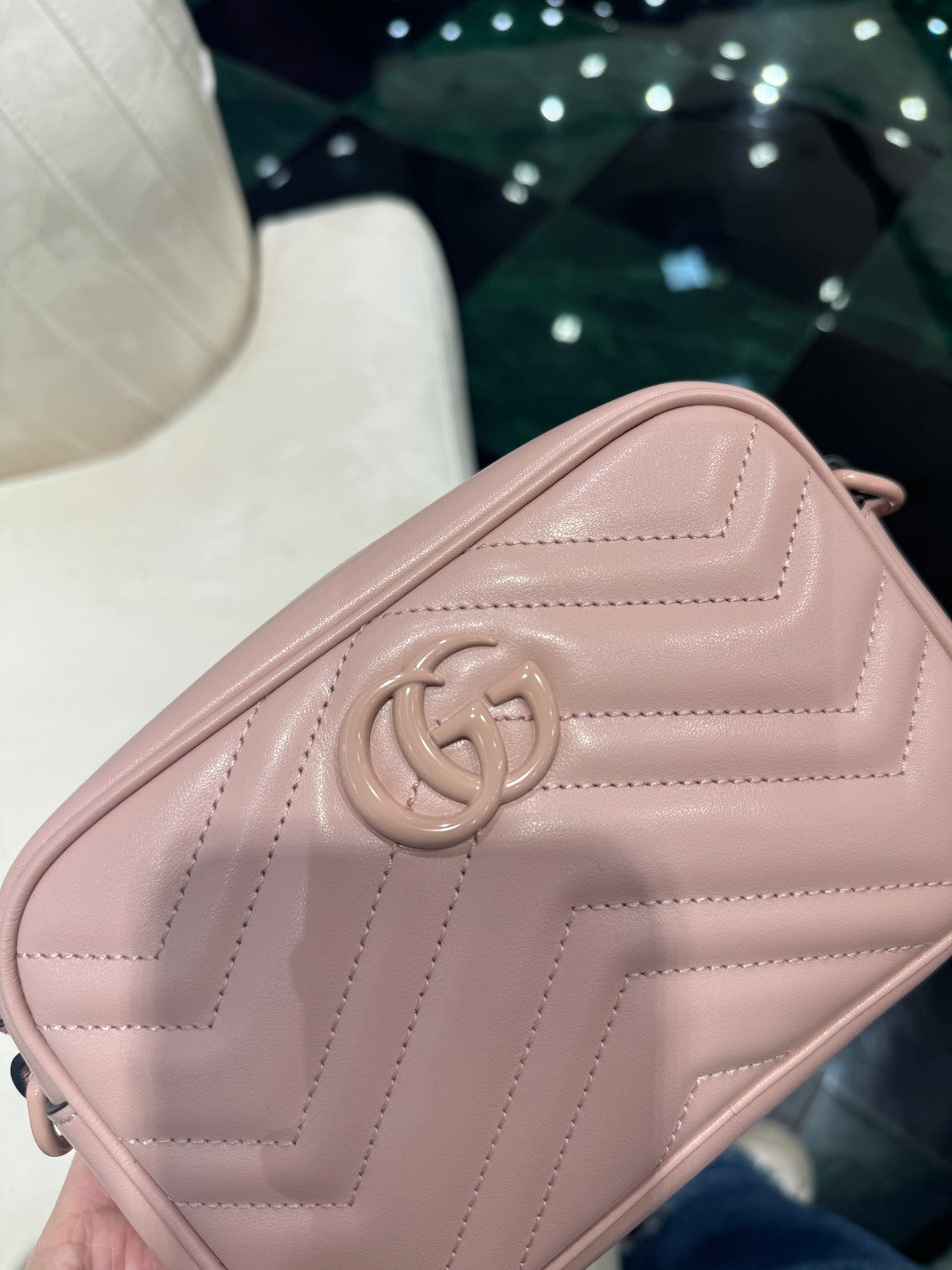 GUCCI MINI 18 MARMONT MATELASSÉ SHOULDER BAG LIGHT PINK CALFSKIN