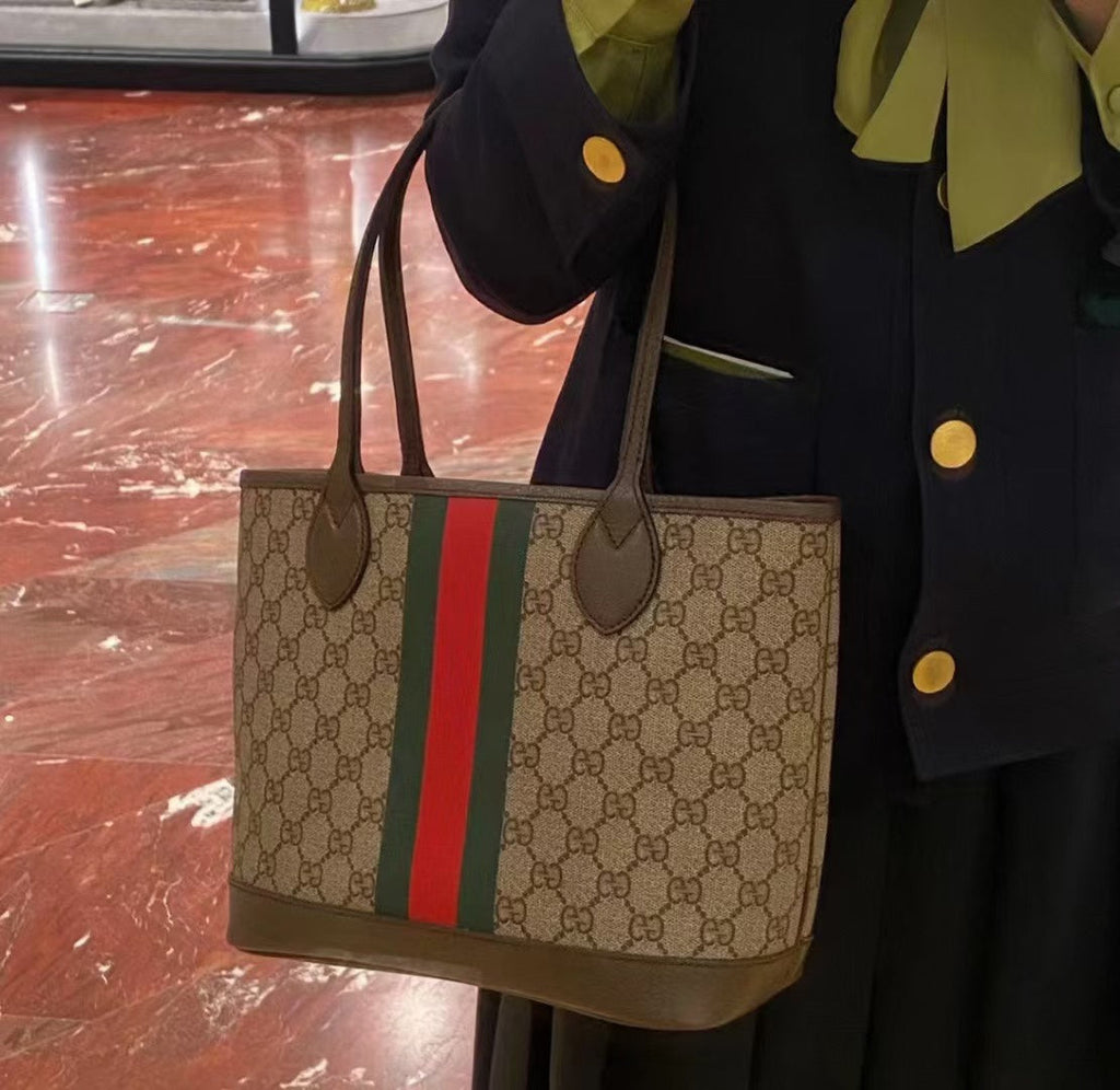 GUCCI OPHIDIA SMALL 25 TOTE IN BEIGE AND EBONY CANVAS