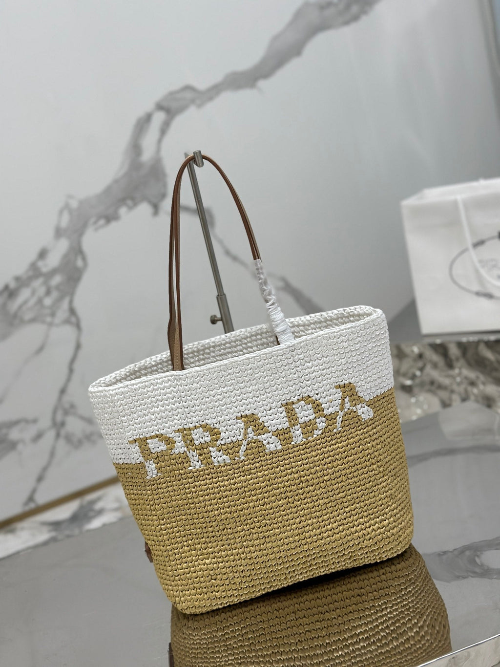 PRADA SMALL TOTE BAG 27 IN WHITE MIX BEIGE RAFFIA AND BROWN CALFSKIN HANDLE