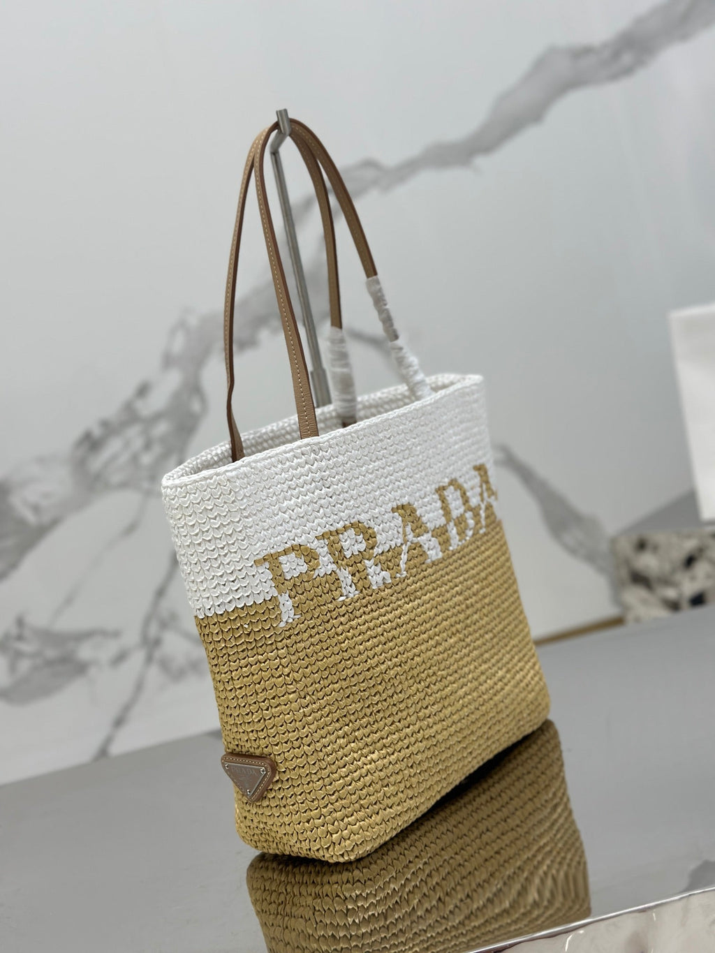 PRADA SMALL TOTE BAG 27 IN WHITE MIX BEIGE RAFFIA AND BROWN CALFSKIN HANDLE