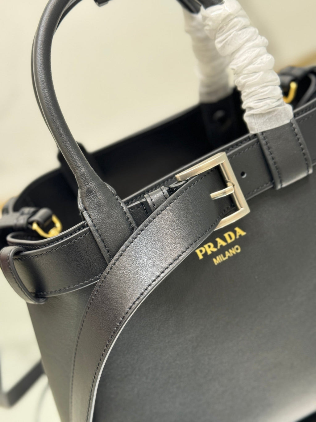 PRADA TOTE BAG WITH BELT 32 IN BLACK IMPORTED CALFSKIN