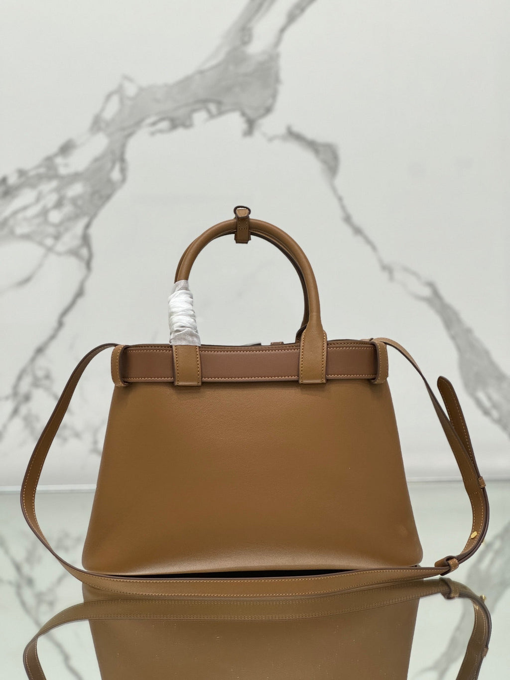 PRADA TOTE BAG WITH BELT 32 IN CIDER BROWN IMPORTED CALFSKIN