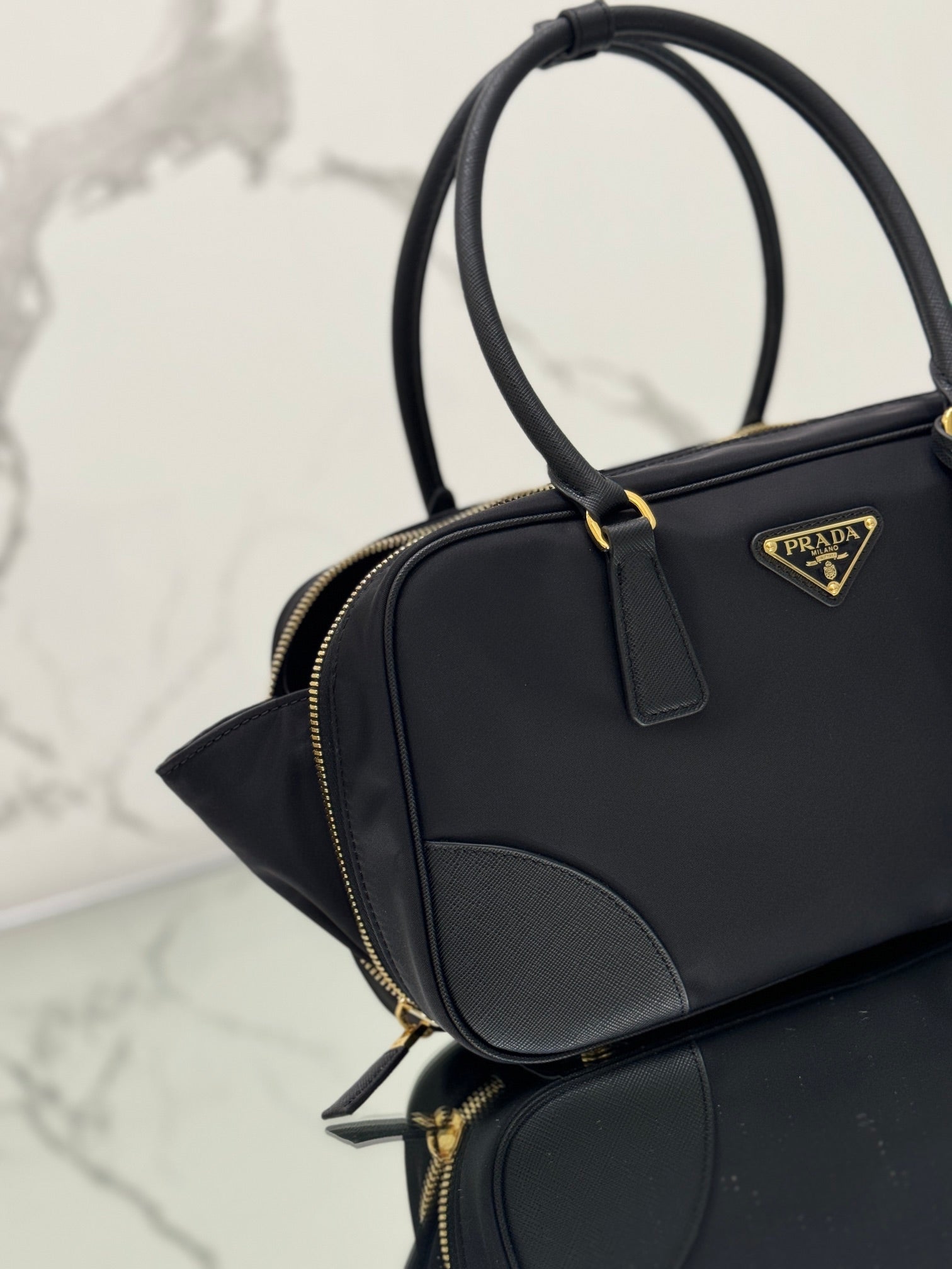 PRADA MEDIUM TOP HANDLE BAG 30 IN BLACK NYLON AND CALFSKIN TRIM