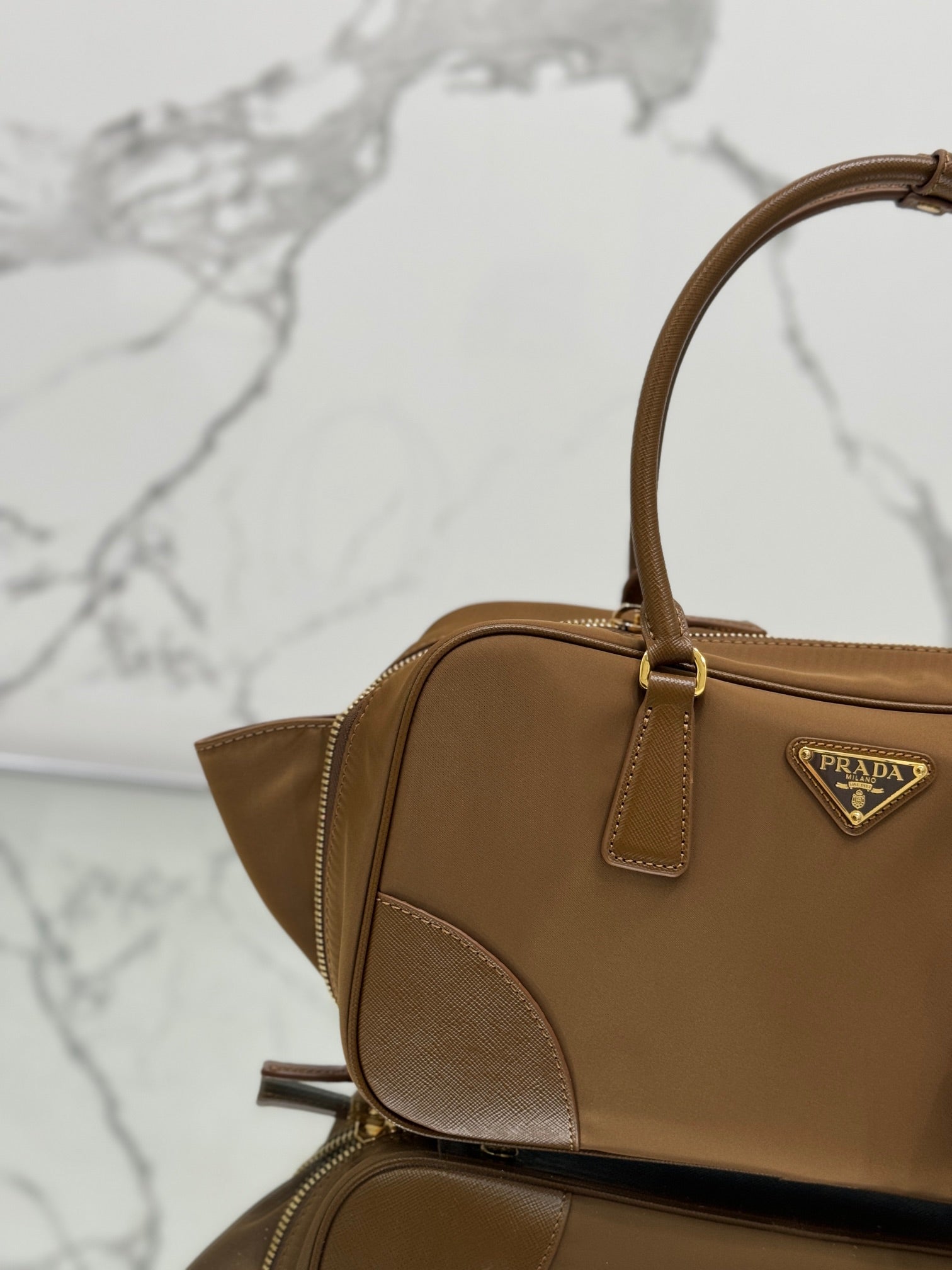 PRADA MEDIUM TOP HANDLE BAG 30 IN CHERRY WOOD NYLON AND CALFSKIN TRIM