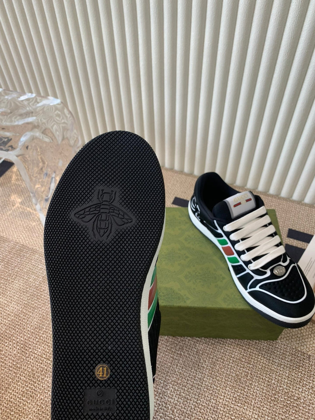 GUCCI SCREENER SNEAKER WITH WEB BLACK CALFSKIN