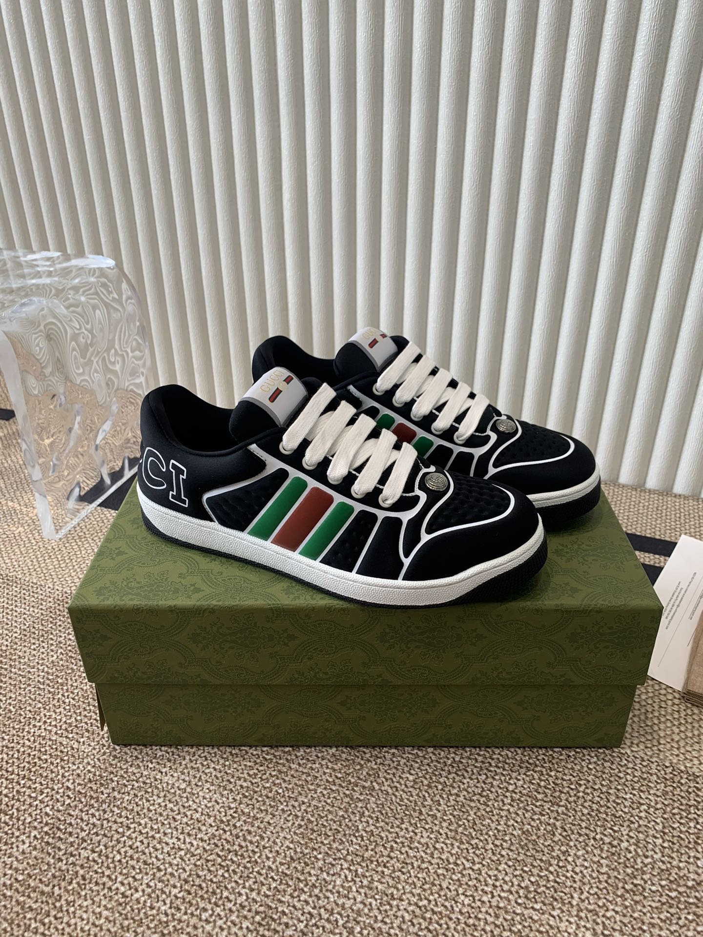 GUCCI SCREENER SNEAKER WITH WEB BLACK CALFSKIN