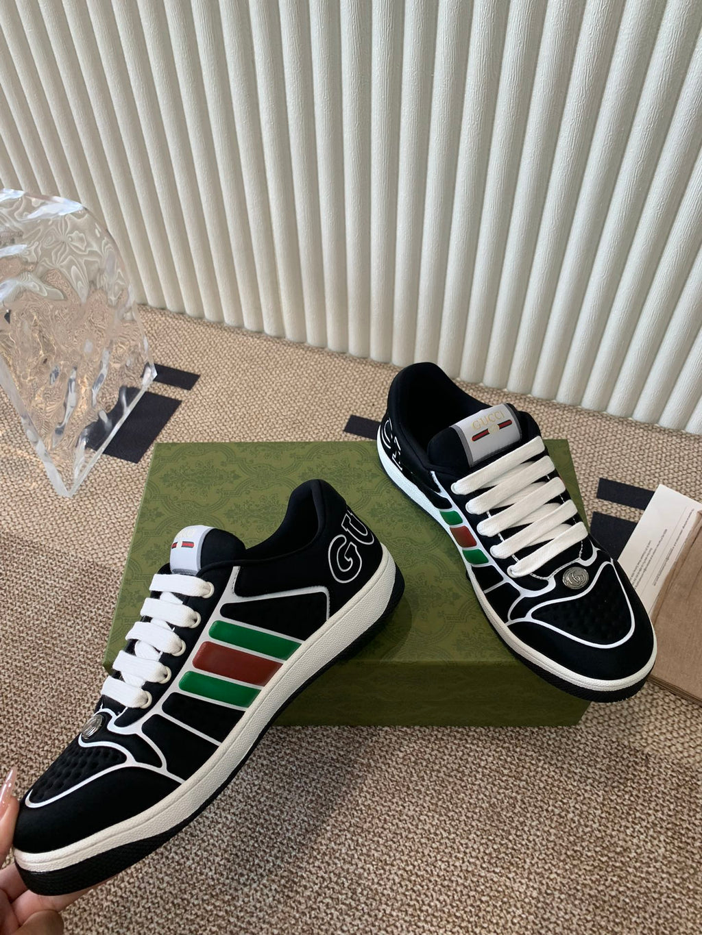 GUCCI SCREENER SNEAKER WITH WEB BLACK CALFSKIN