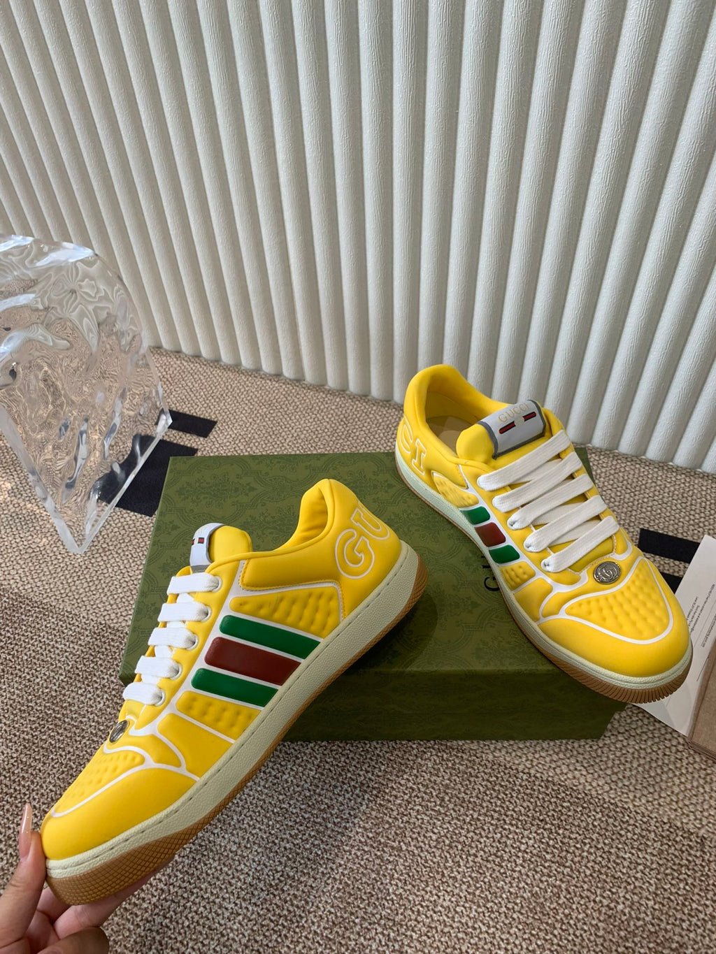 GUCCI SCREENER SNEAKER WITH WEB LEMON CALFSKIN