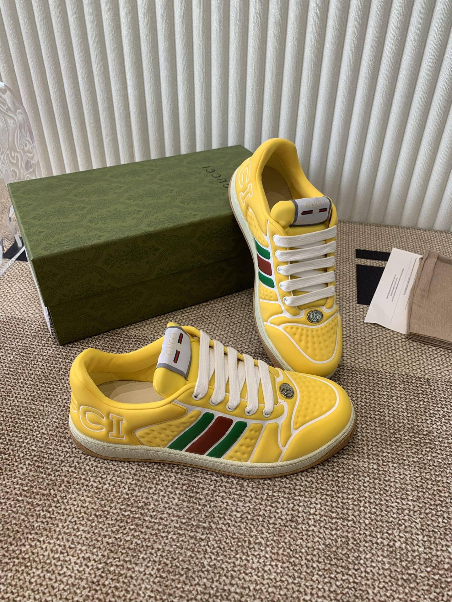 GUCCI SCREENER SNEAKER WITH WEB LEMON CALFSKIN