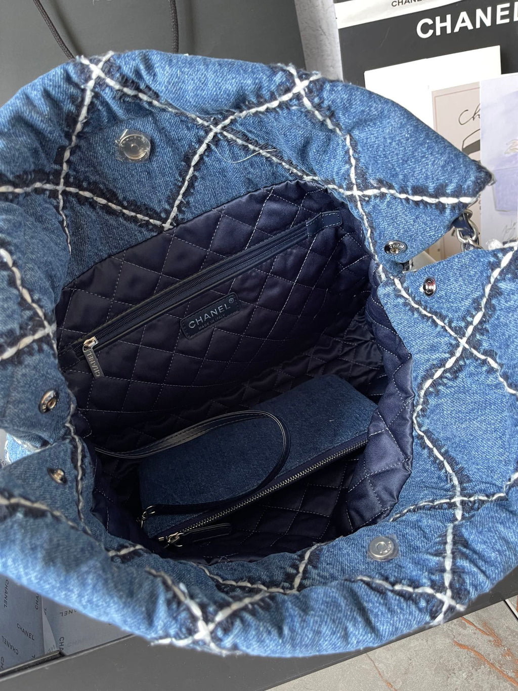 CHANEL LARGE 42 CROSSBODY BAG IN BLUE DENIM WITH CHAIN