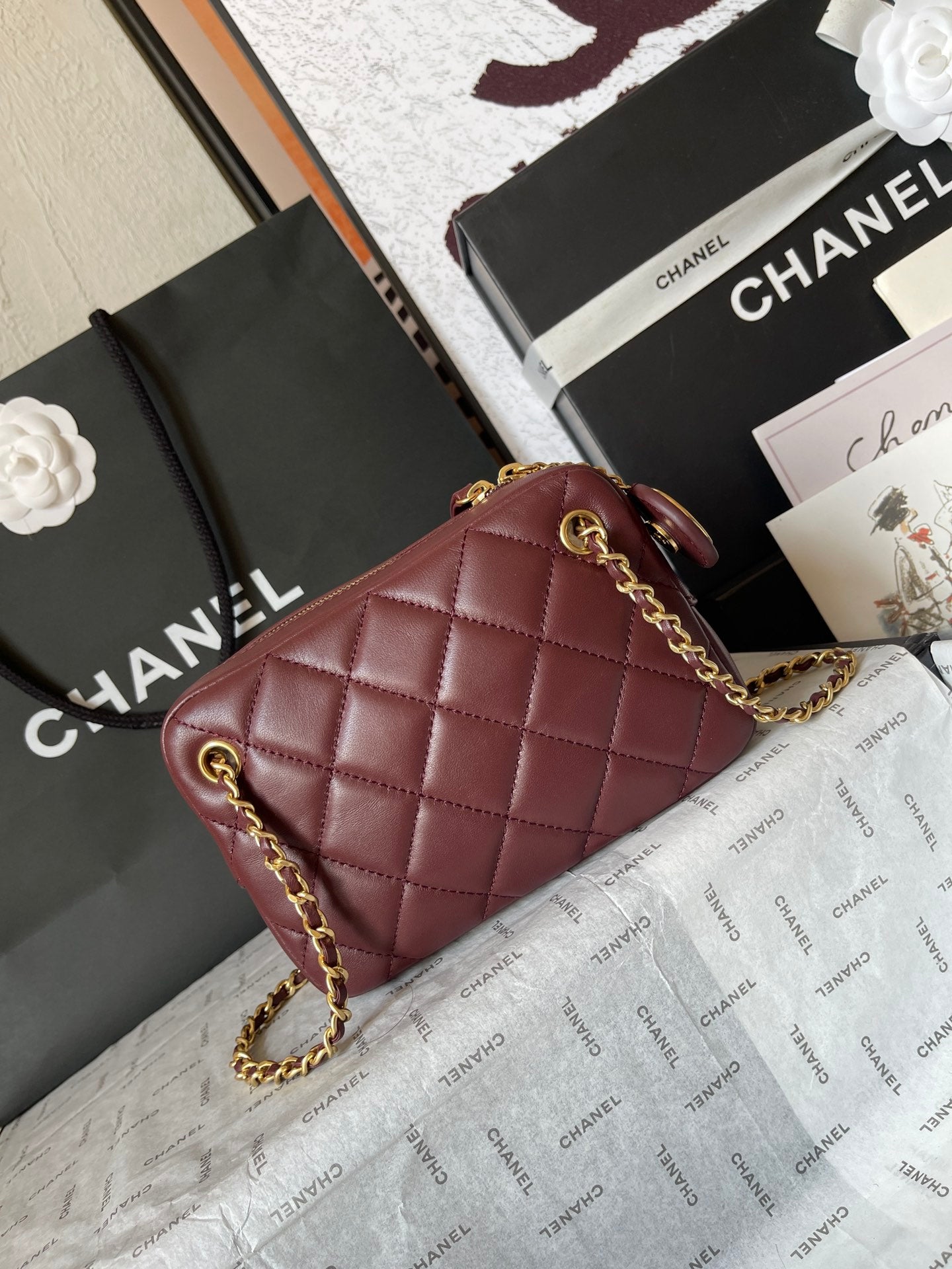 CHANEL CAMERA BAG 18 IN BUANEER RED QUILTED LAMBSKIN DOUBLE C GOLD COIN