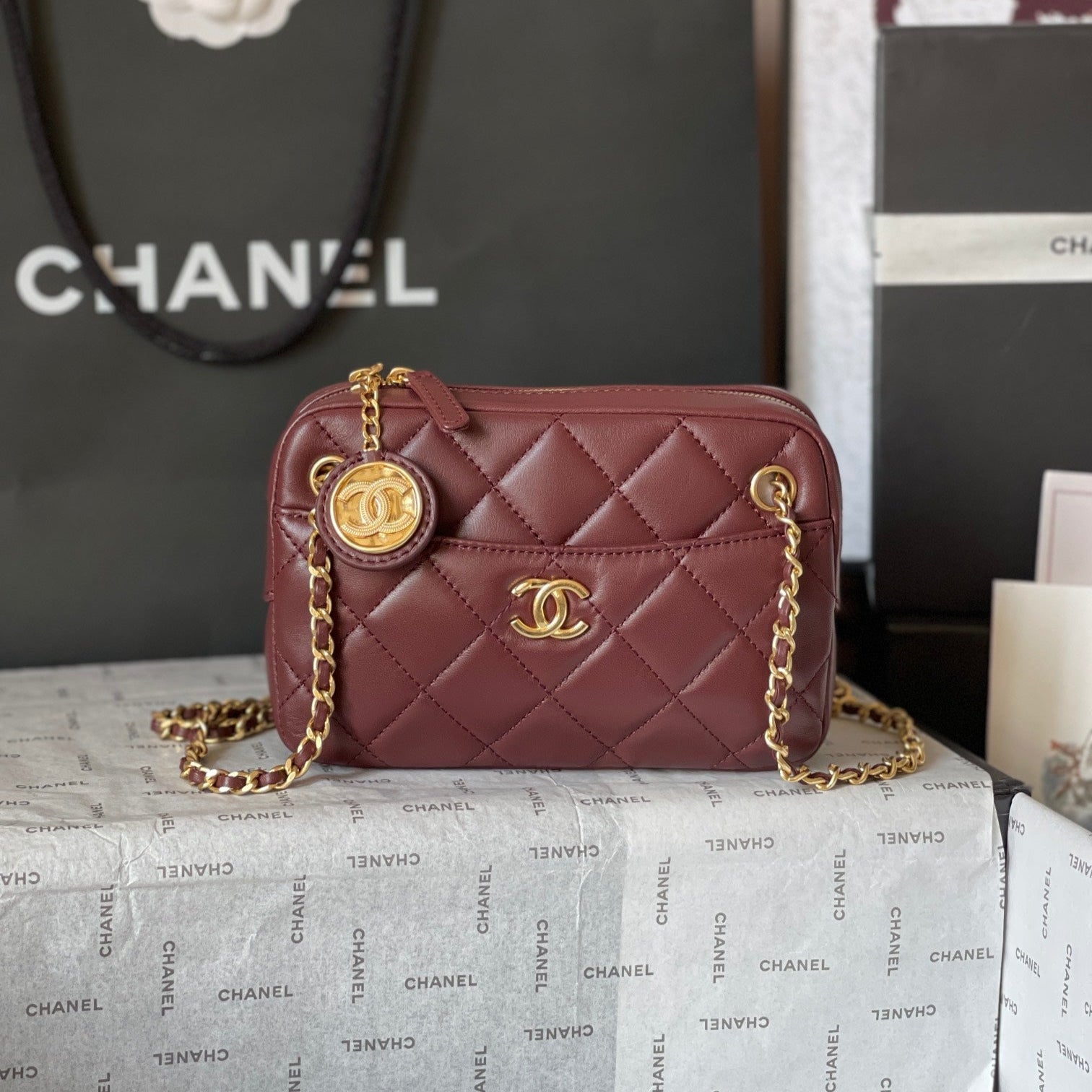 CHANEL CAMERA BAG 18 IN BUANEER RED QUILTED LAMBSKIN DOUBLE C GOLD COIN