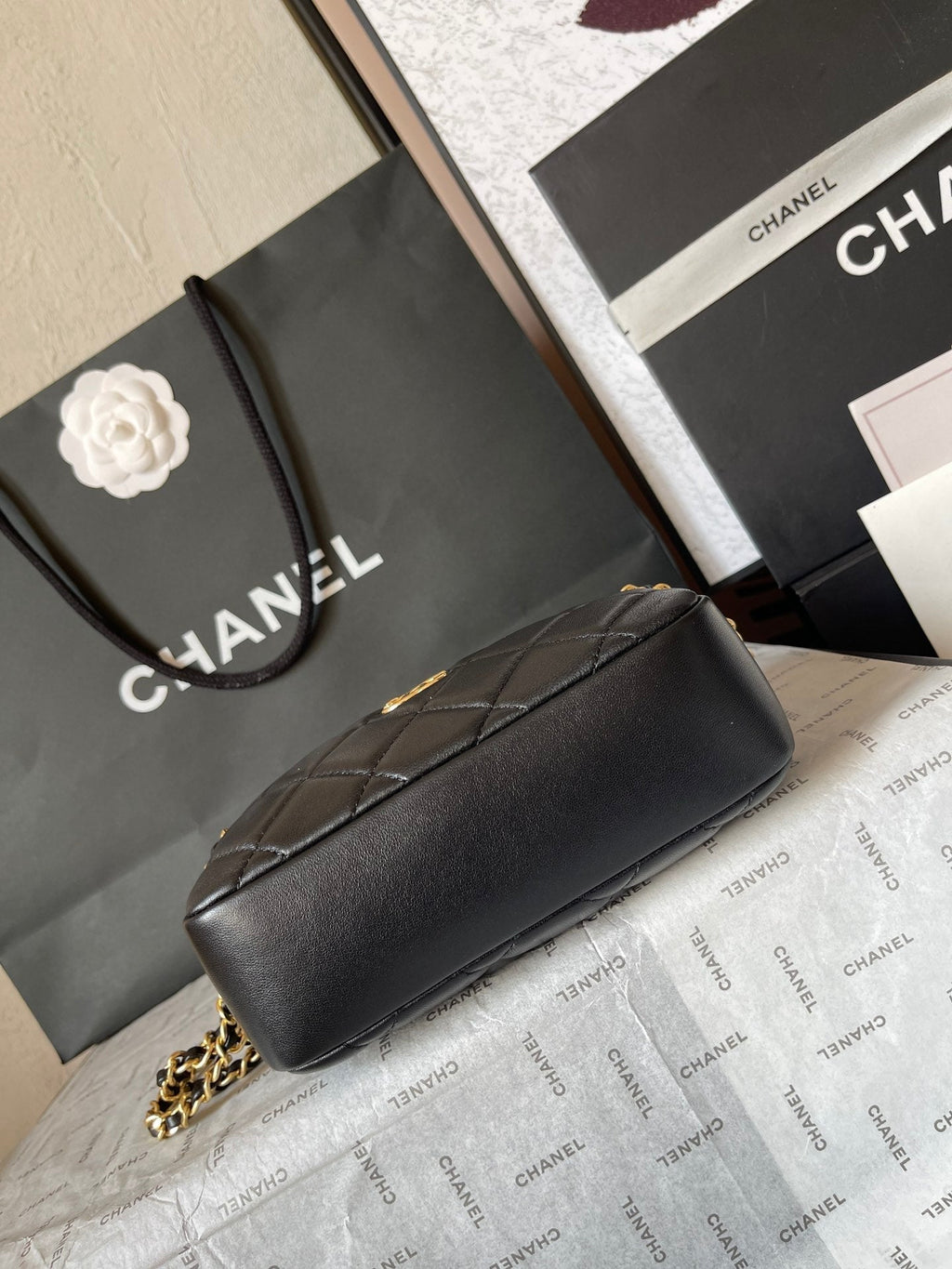 CHANEL CAMERA BAG 18 IN BLACK QUILTED LAMBSKIN DOUBLE C GOLD COIN
