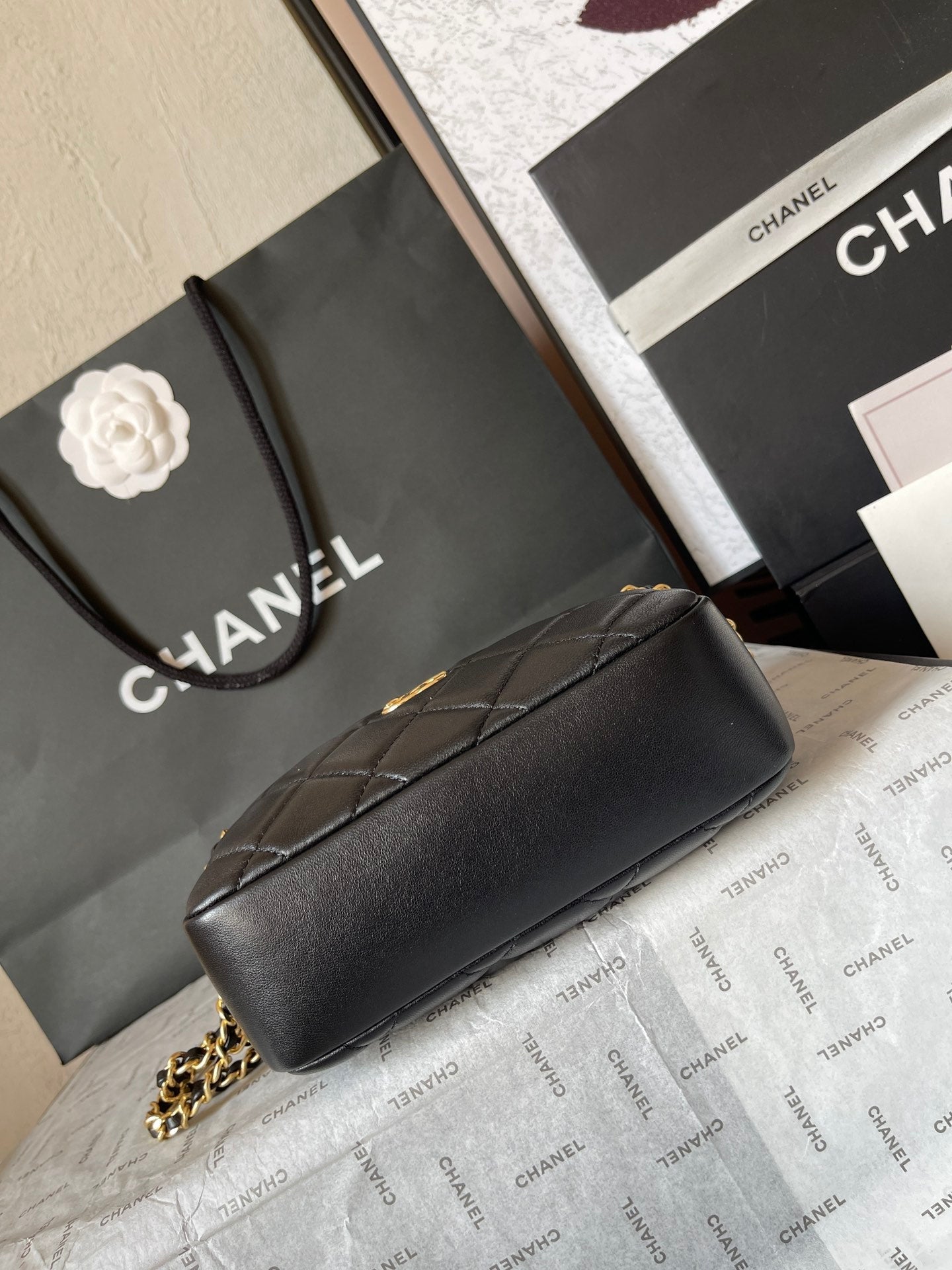 CHANEL CAMERA BAG 18 IN BLACK QUILTED LAMBSKIN DOUBLE C GOLD COIN