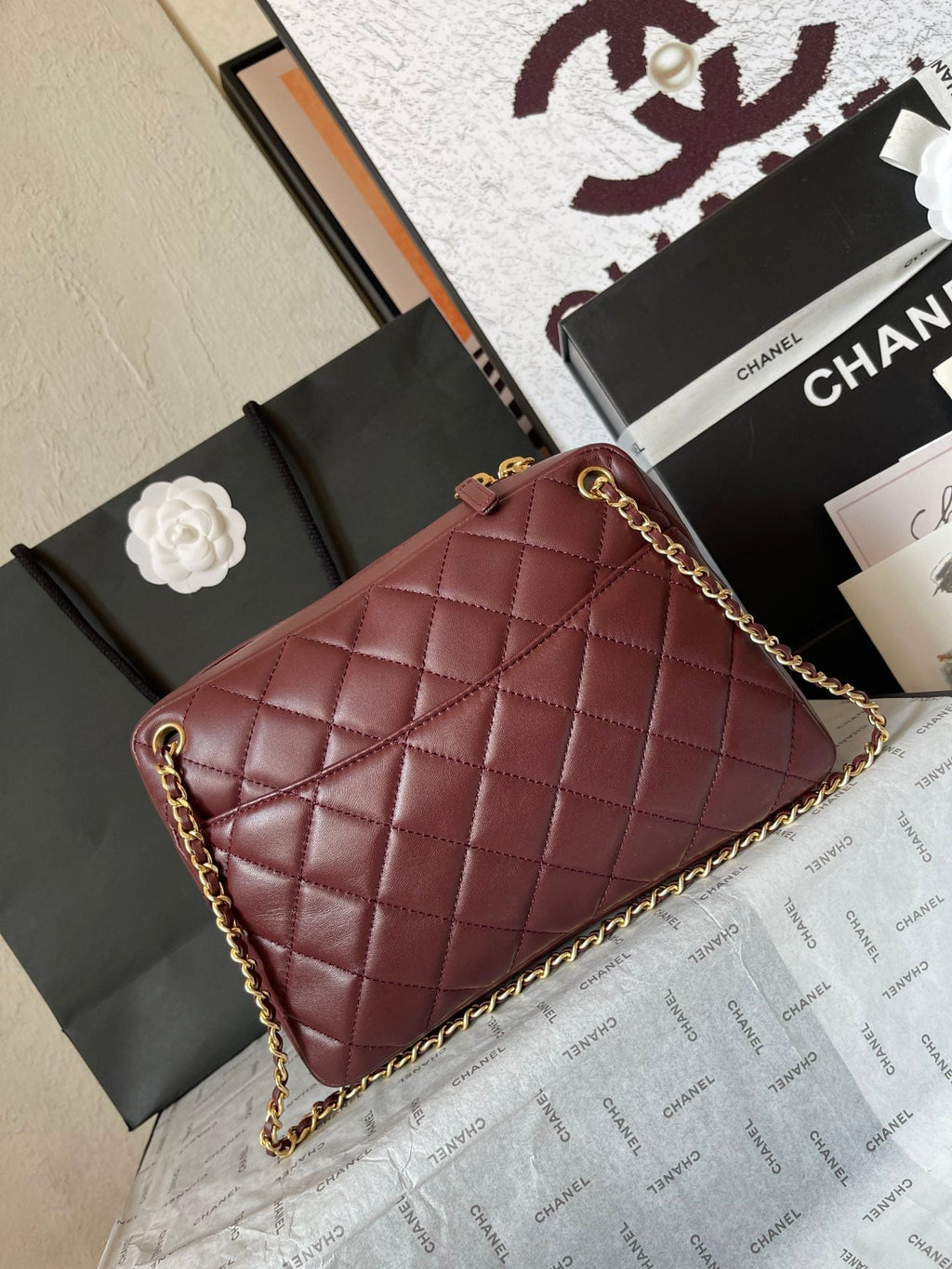 CHANEL CAMERA BAG 24 IN BUANEER RED QUILTED LAMBSKIN DOUBLE C GOLD COIN