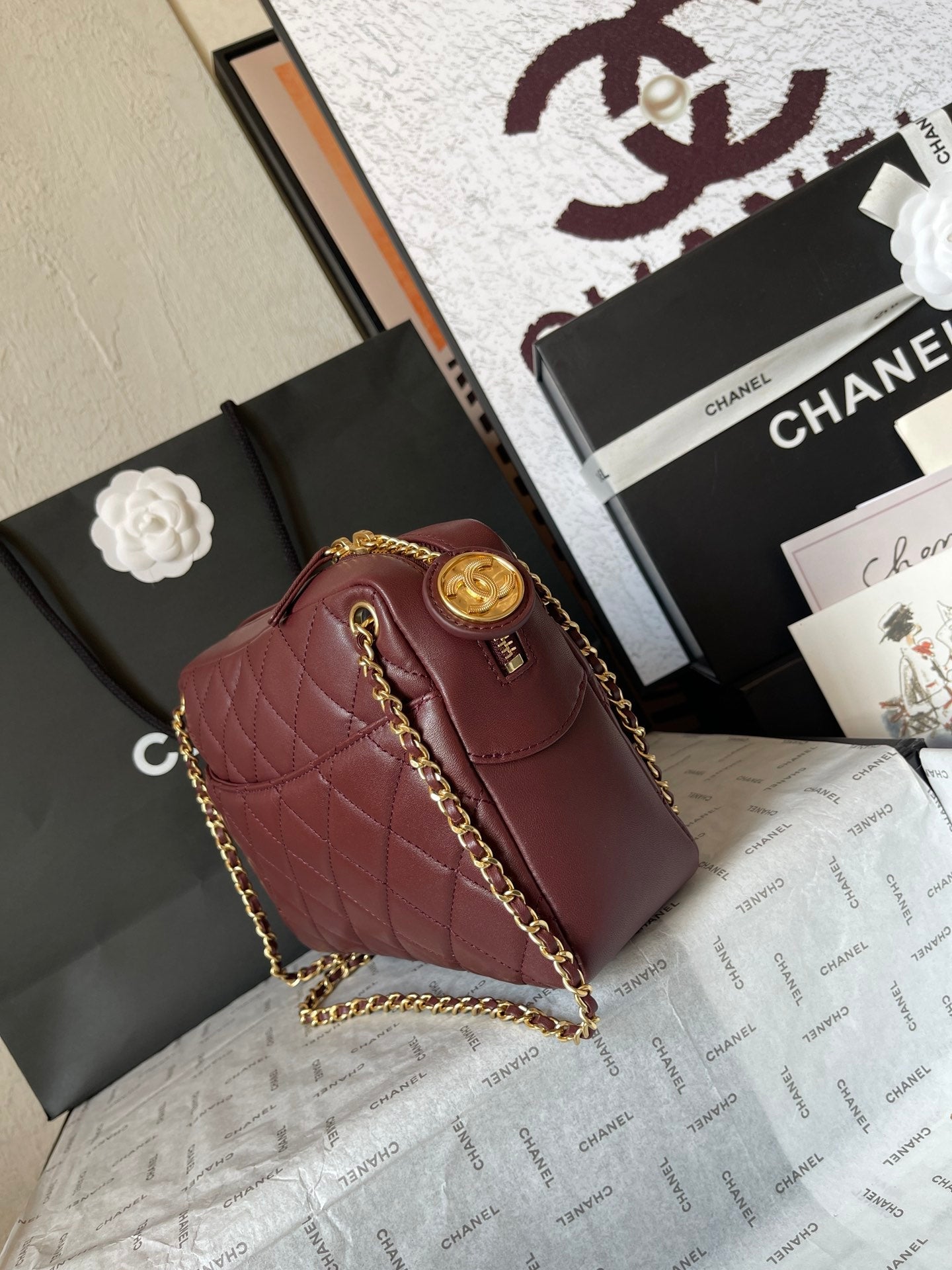 CHANEL CAMERA BAG 24 IN BUANEER RED QUILTED LAMBSKIN DOUBLE C GOLD COIN
