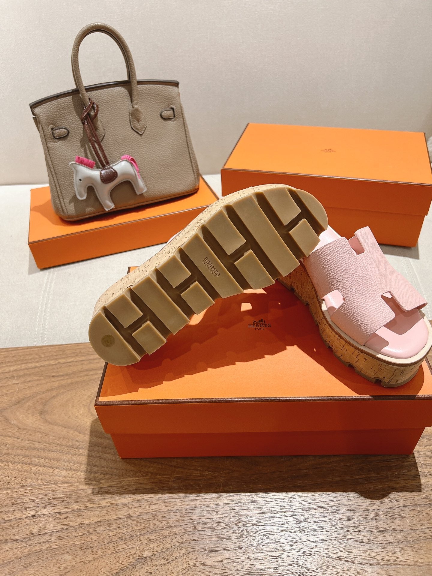 HERMES 25S HIGH WEDGE SANDALS IN PASTEL PINK LAMBSKIN STYLE 29